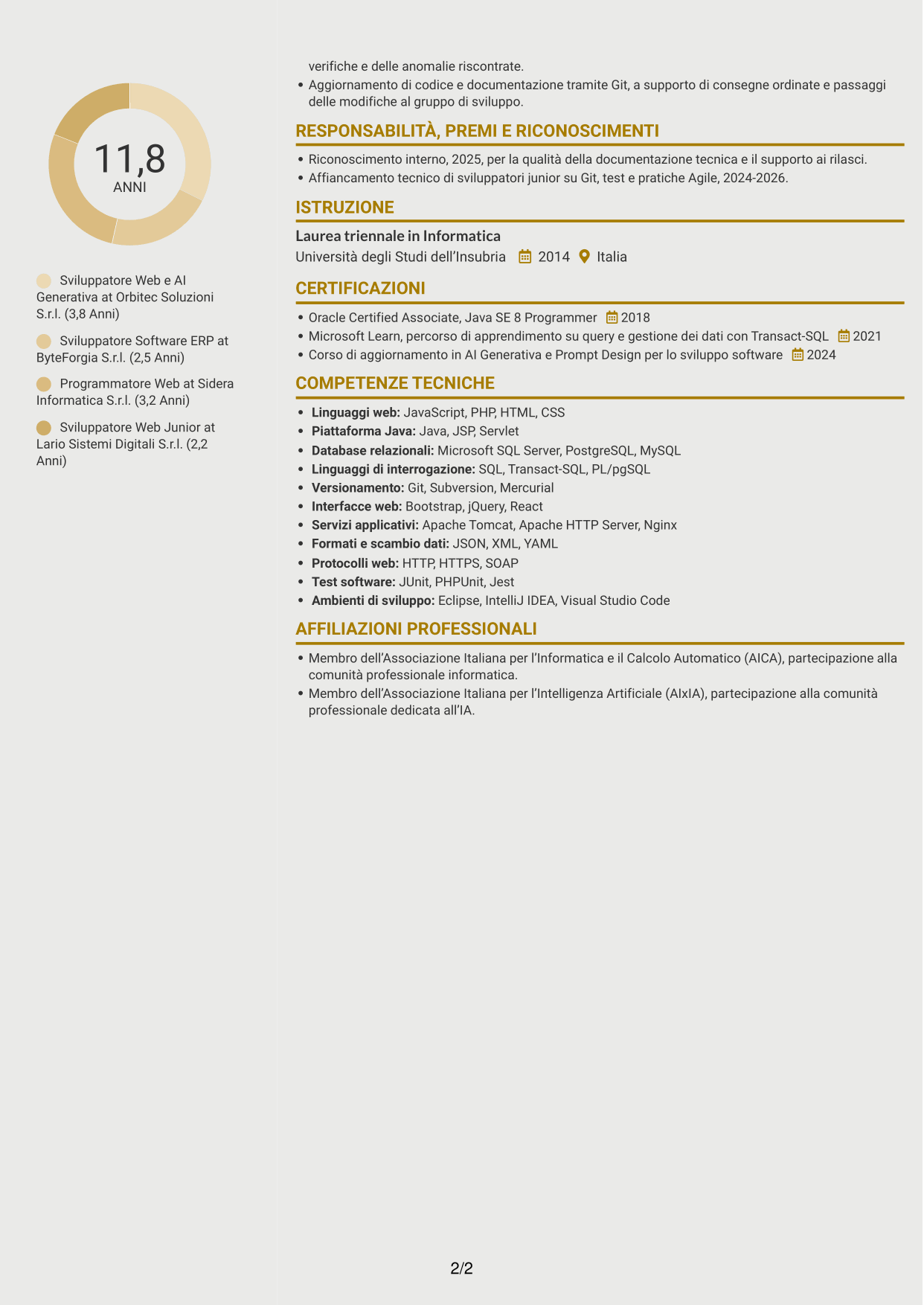 CV Dinamico (formato a due colonne con icone): Sviluppatore Web e Intelligenza Artificiale Generativa, pagina 2