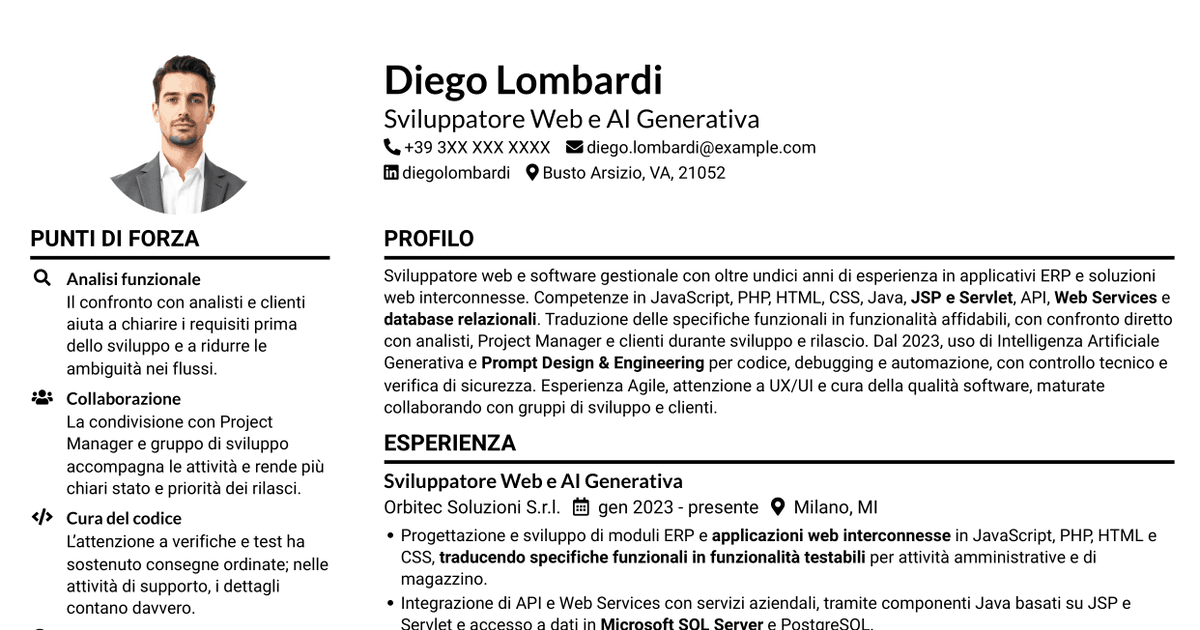 7 modelli di CV per Sviluppatore Web e Intelligenza Artificiale Generativa, con esempi