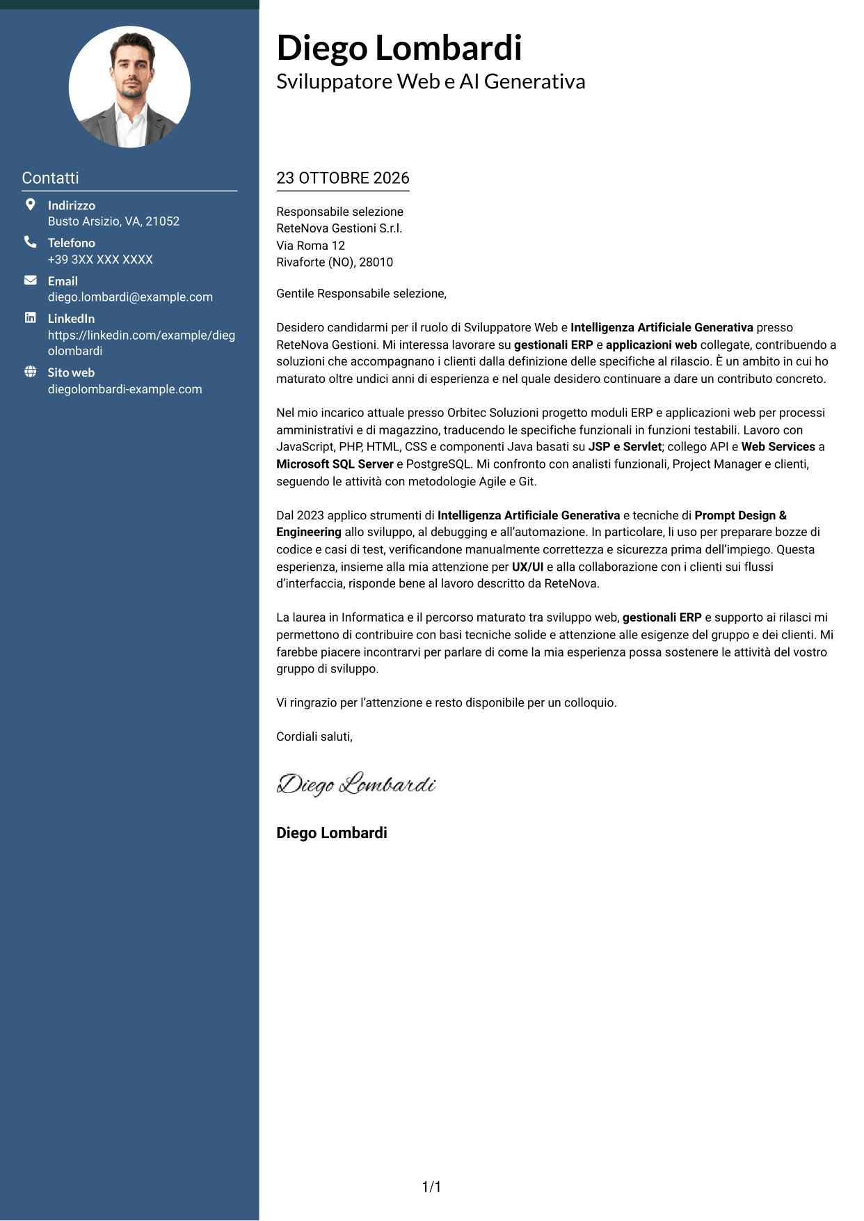 Lettera di presentazione Elegante (formato con colonna laterale colorata e foto): Sviluppatore Web e Intelligenza Artificiale Generativa, pagina 1