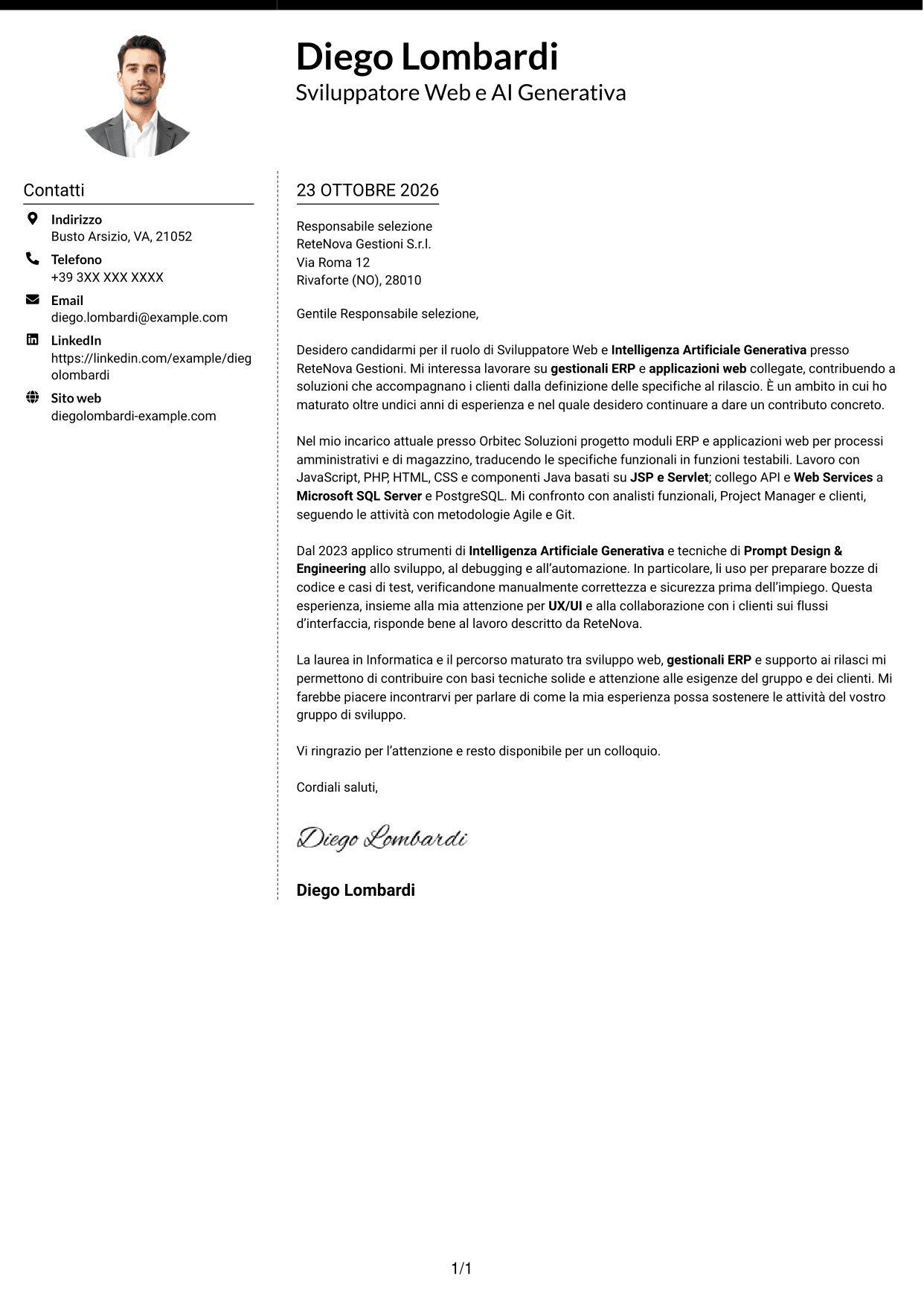 Lettera di presentazione Moderno (formato a due colonne con foto a sinistra e separatore): Sviluppatore Web e Intelligenza Artificiale Generativa, pagina 1