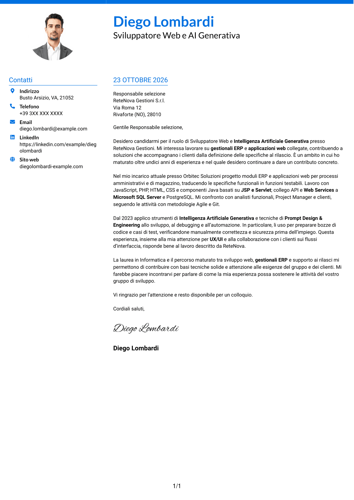 Lettera di presentazione Audace (formato a due colonne con accenti colorati e foto): Sviluppatore Web e Intelligenza Artificiale Generativa, pagina 1