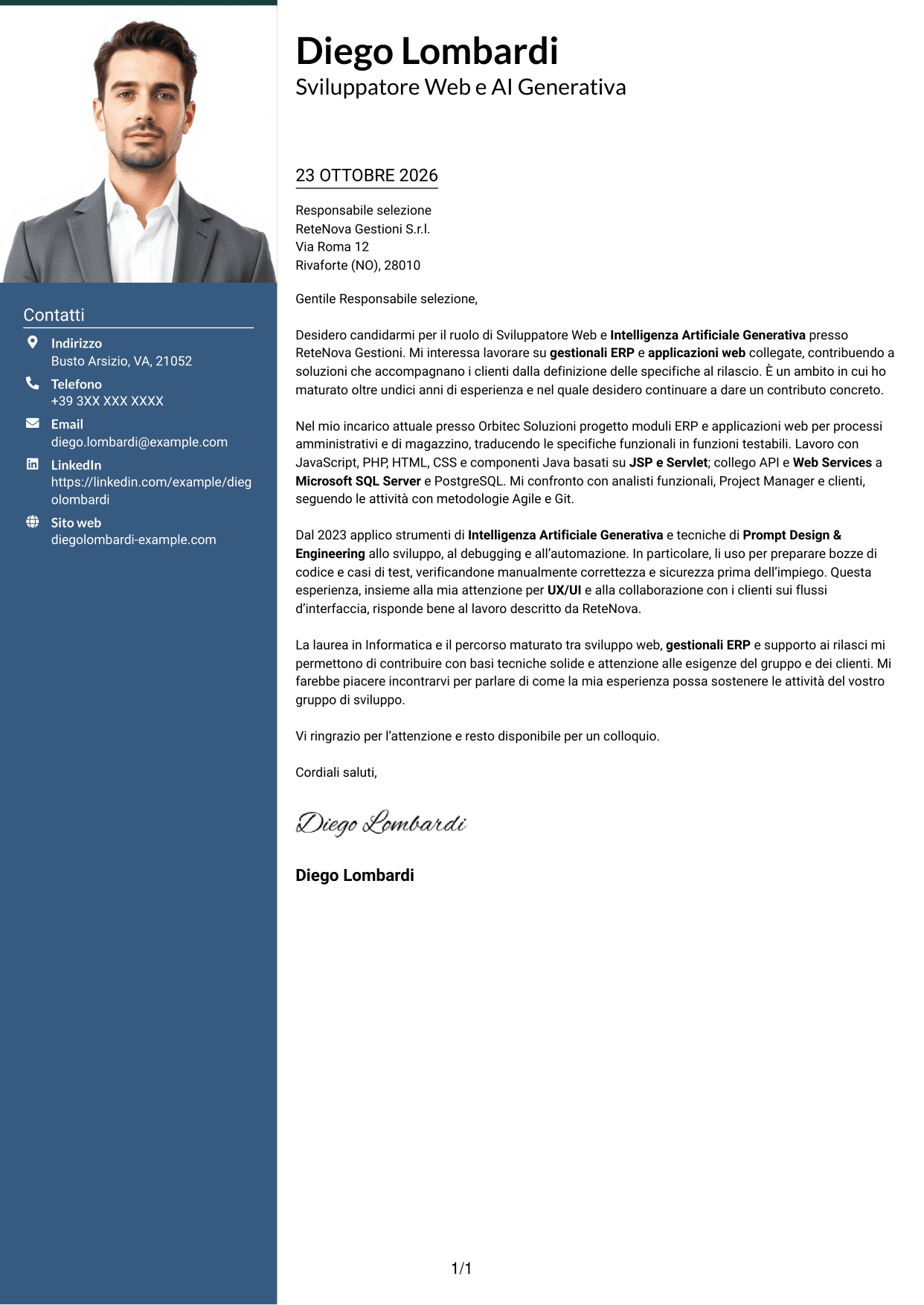 Lettera di presentazione Signature (formato con colonna laterale colorata e foto grande): Sviluppatore Web e Intelligenza Artificiale Generativa, pagina 1