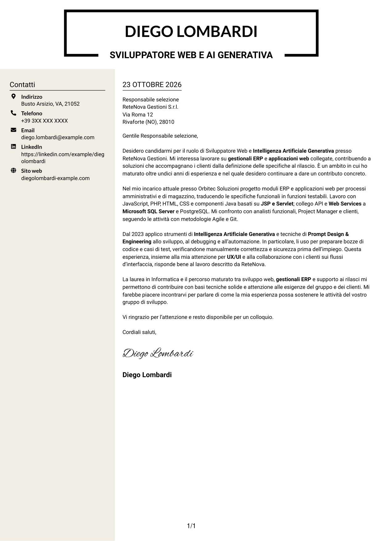 Lettera di presentazione Intraprendente (formato a due colonne con intestazione centrata senza foto): Sviluppatore Web e Intelligenza Artificiale Generativa, pagina 1