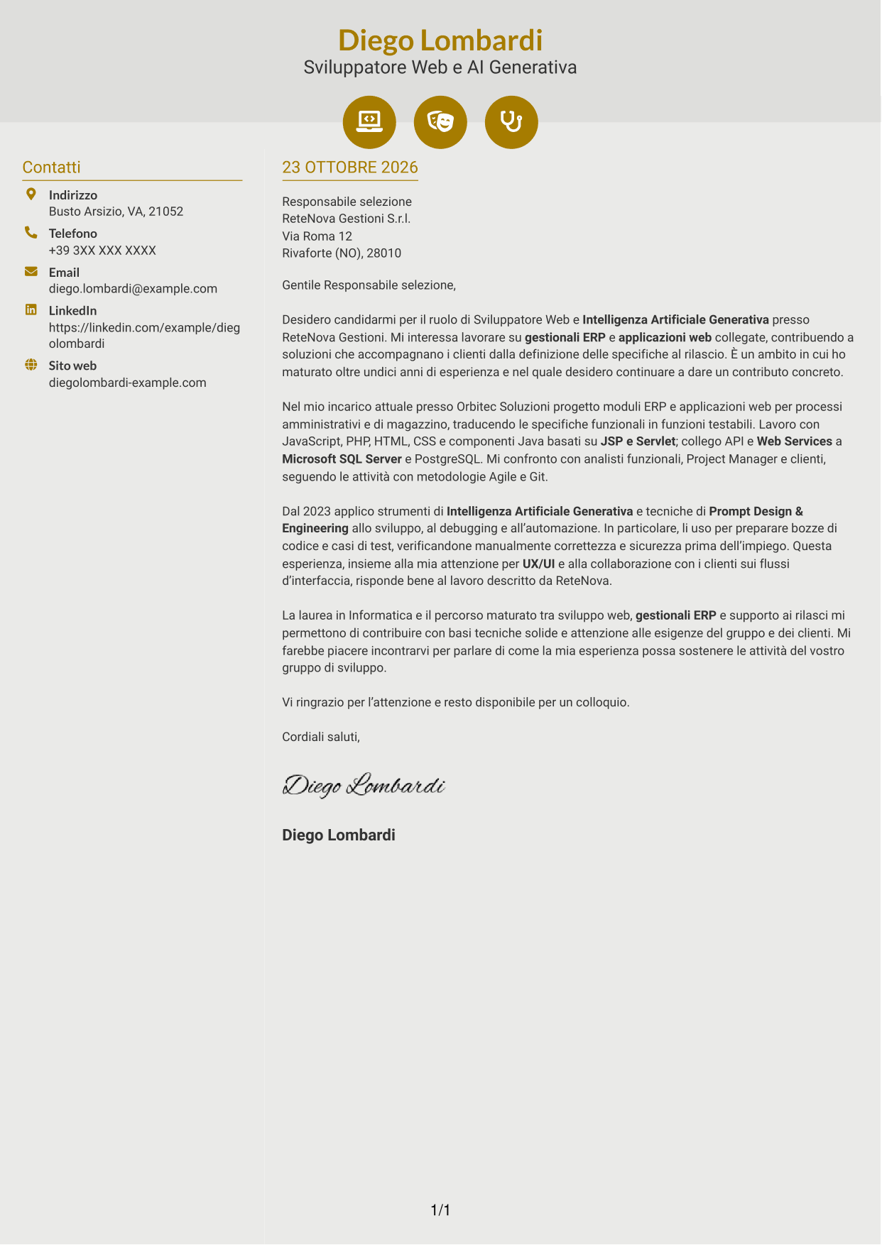 Lettera di presentazione Dinamico (formato a due colonne con icone): Sviluppatore Web e Intelligenza Artificiale Generativa, pagina 1