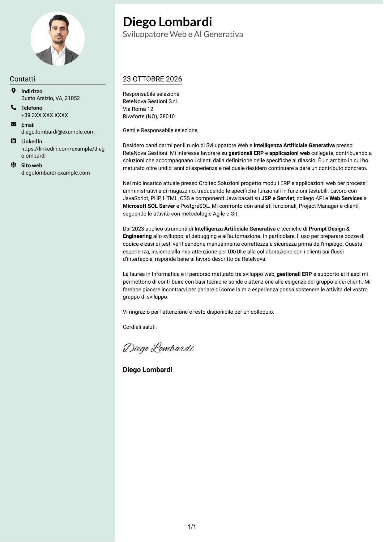 Lettera di presentazione Dirigente (formato con colonna laterale tenue e foto arrotondata): Sviluppatore Web e Intelligenza Artificiale Generativa, pagina 1