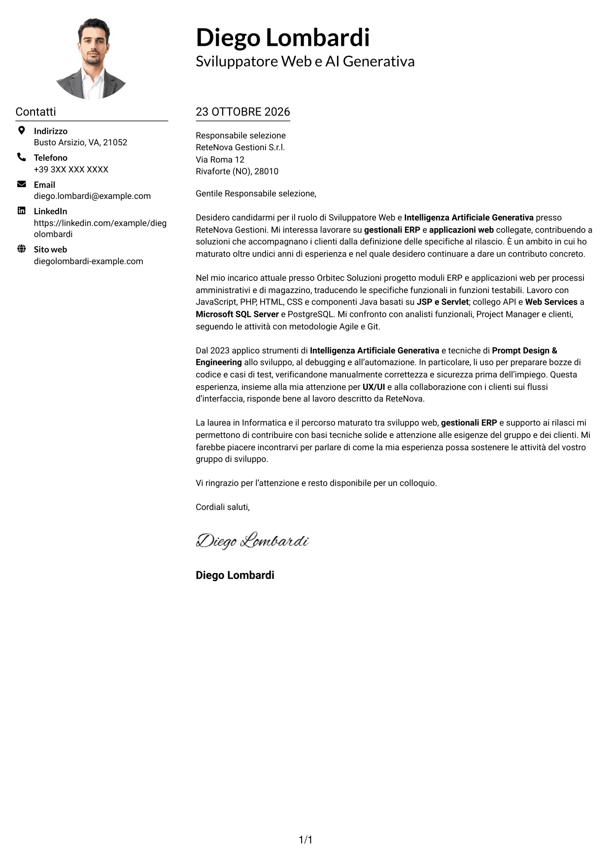 Esempio di lettera di presentazione — pagina 1