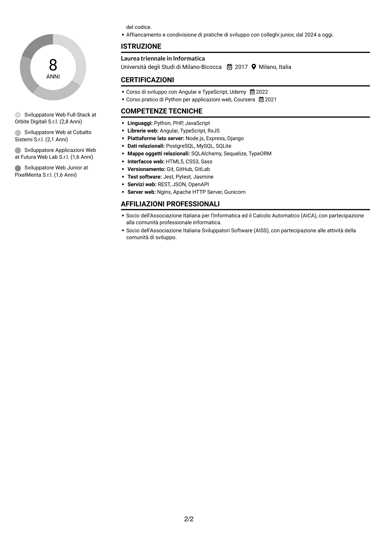 CV Compatto (formato sobrio a due colonne con foto): Sviluppatore Web Middle - Sviluppo Full-Stack, pagina 2
