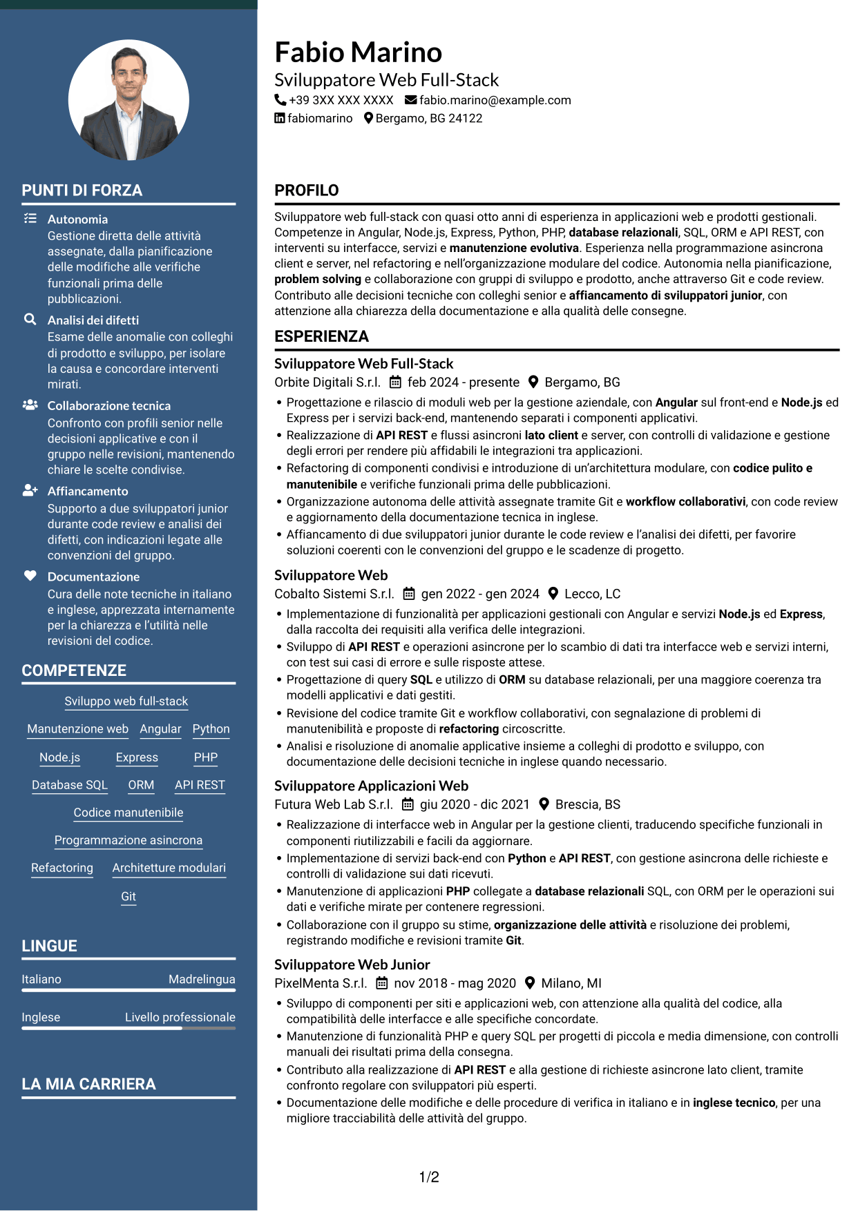CV Elegante (formato con colonna laterale colorata e foto): Sviluppatore Web Middle - Sviluppo Full-Stack, pagina 1