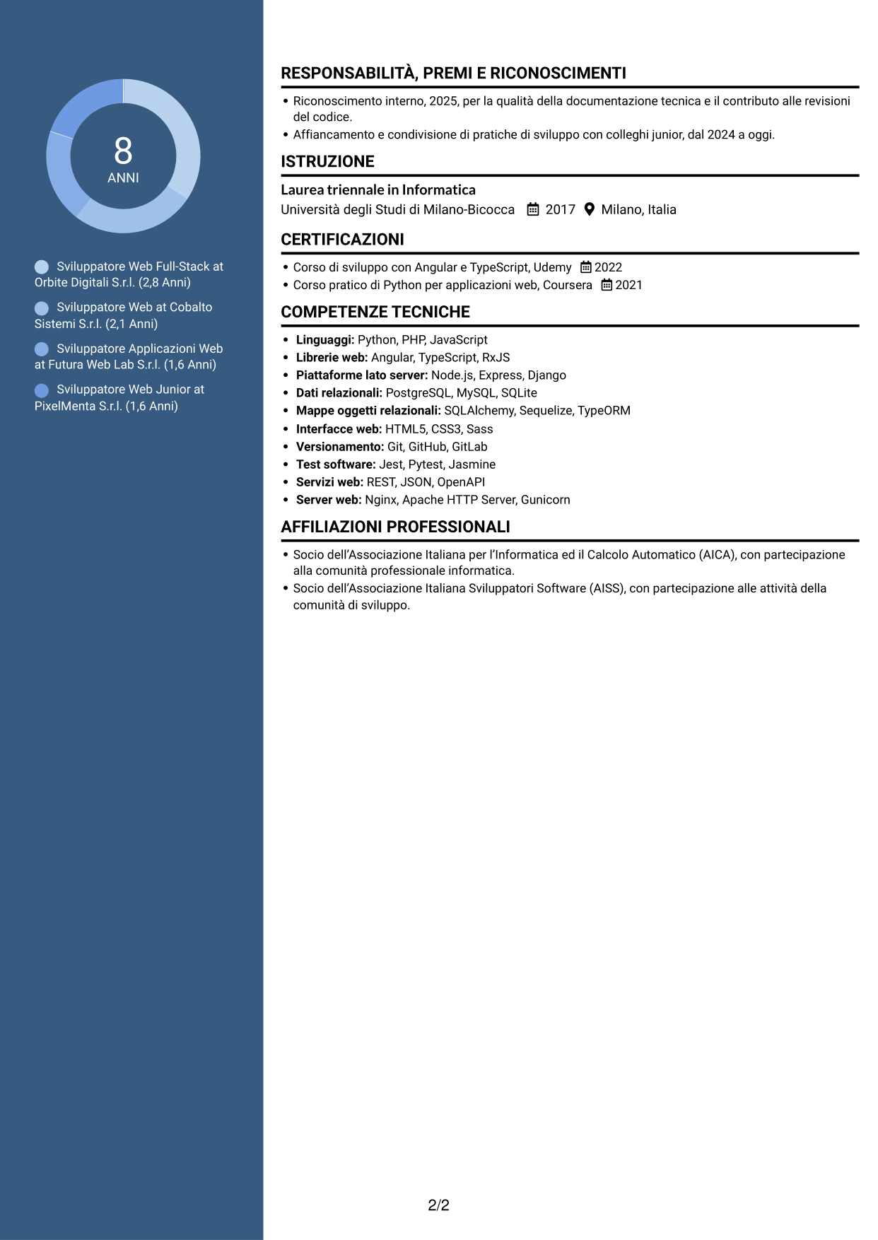 CV Elegante (formato con colonna laterale colorata e foto): Sviluppatore Web Middle - Sviluppo Full-Stack, pagina 2