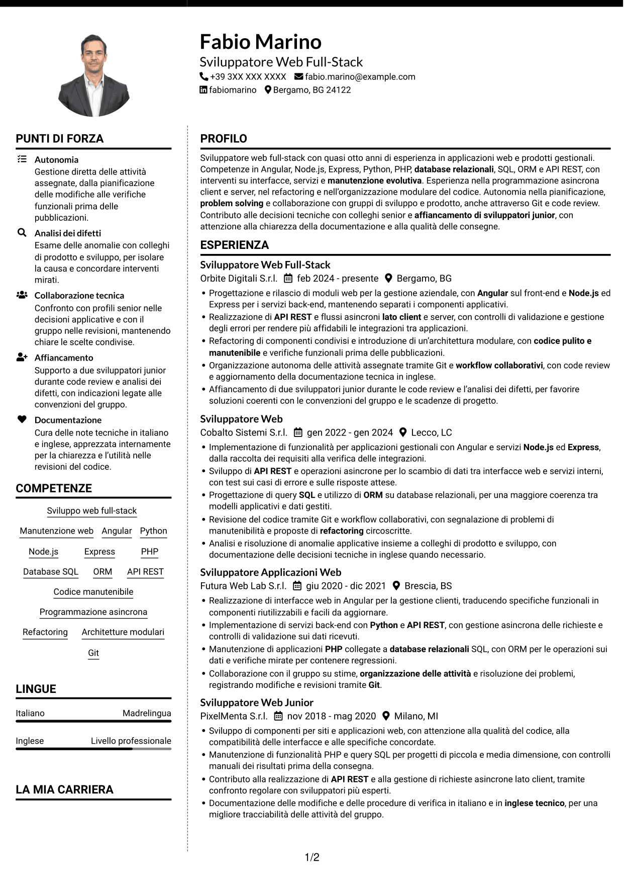 CV Moderno (formato a due colonne con foto a sinistra e separatore): Sviluppatore Web Middle - Sviluppo Full-Stack, pagina 1