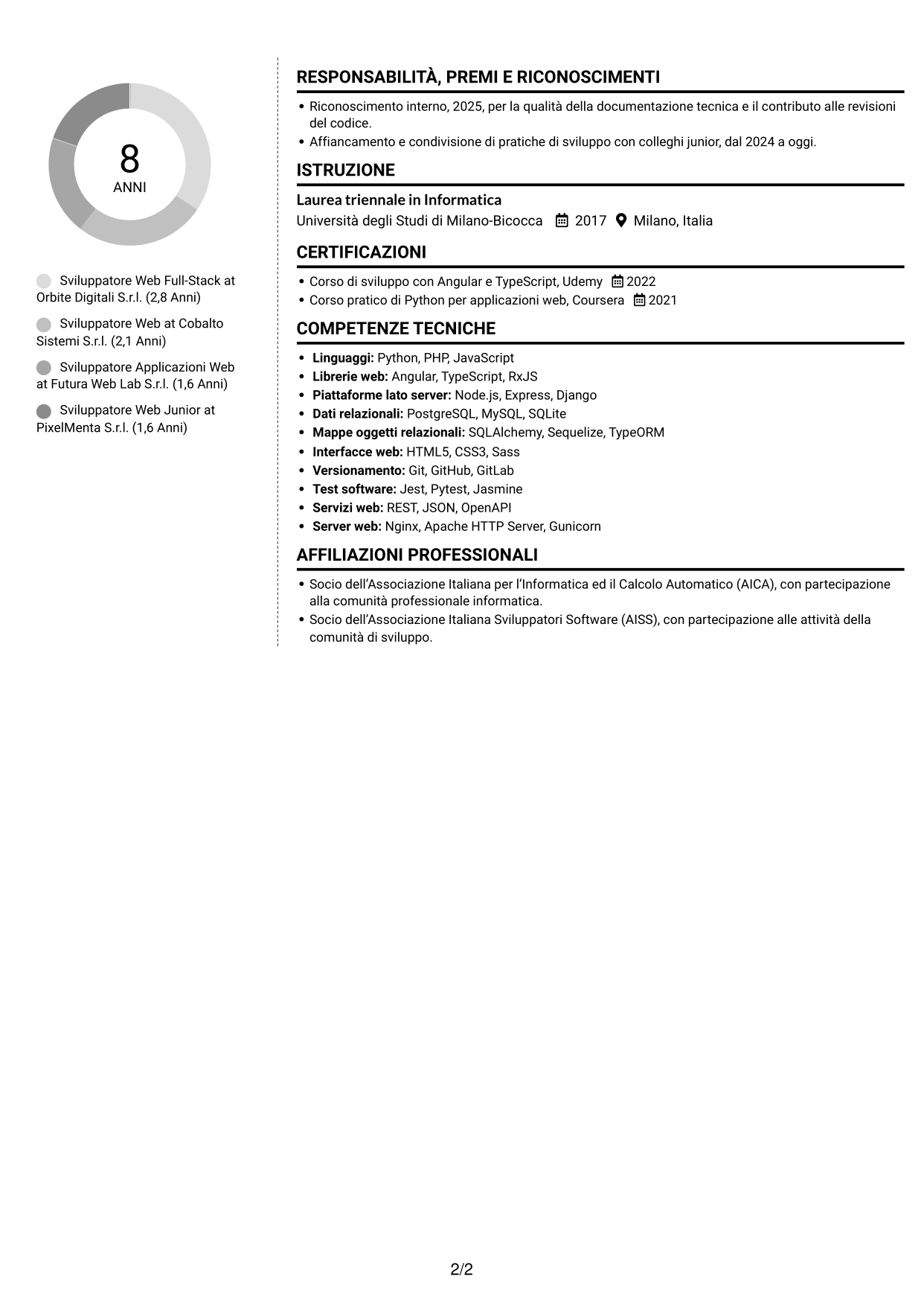 CV Moderno (formato a due colonne con foto a sinistra e separatore): Sviluppatore Web Middle - Sviluppo Full-Stack, pagina 2