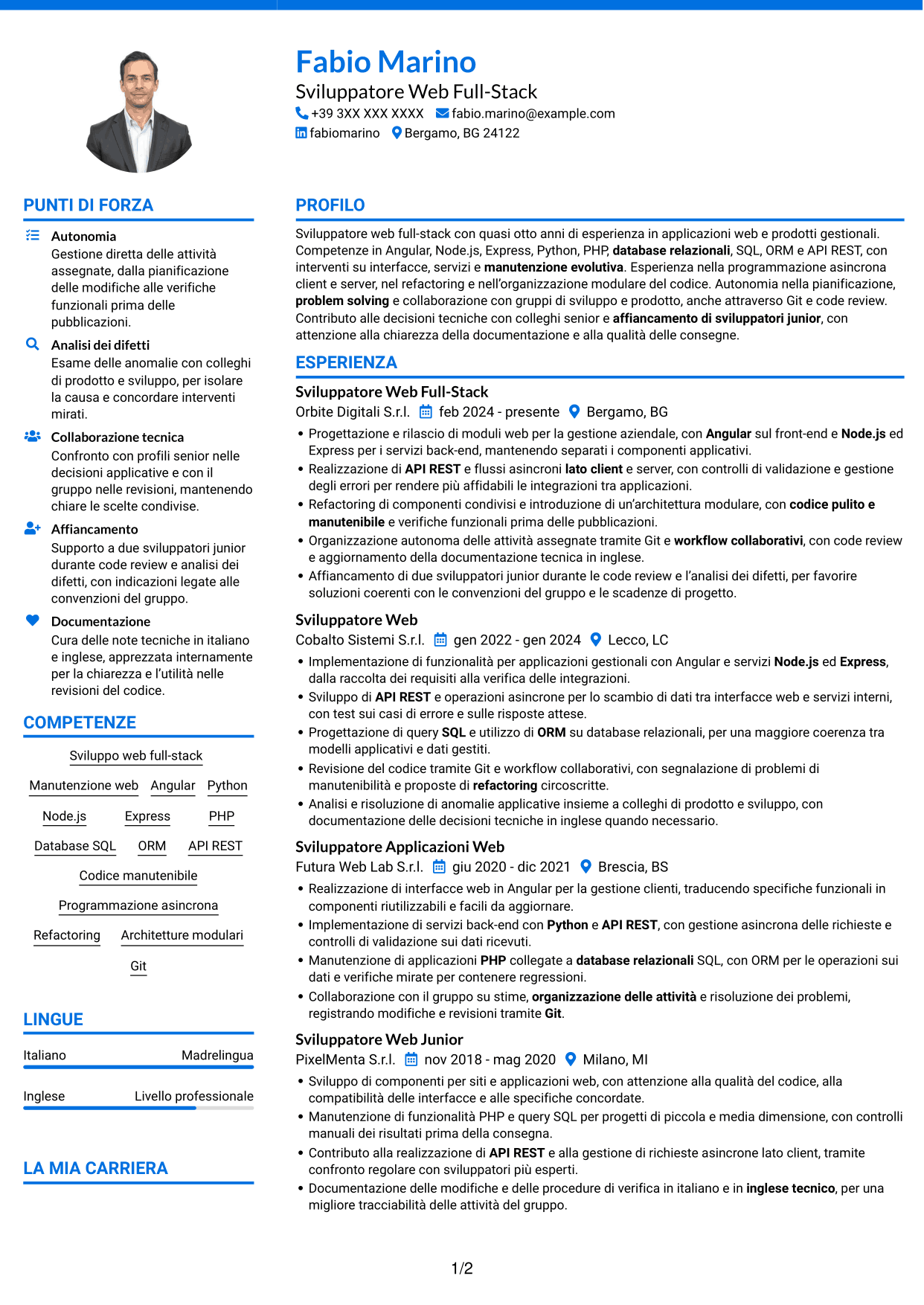 CV Audace (formato a due colonne con accenti colorati e foto): Sviluppatore Web Middle - Sviluppo Full-Stack, pagina 1