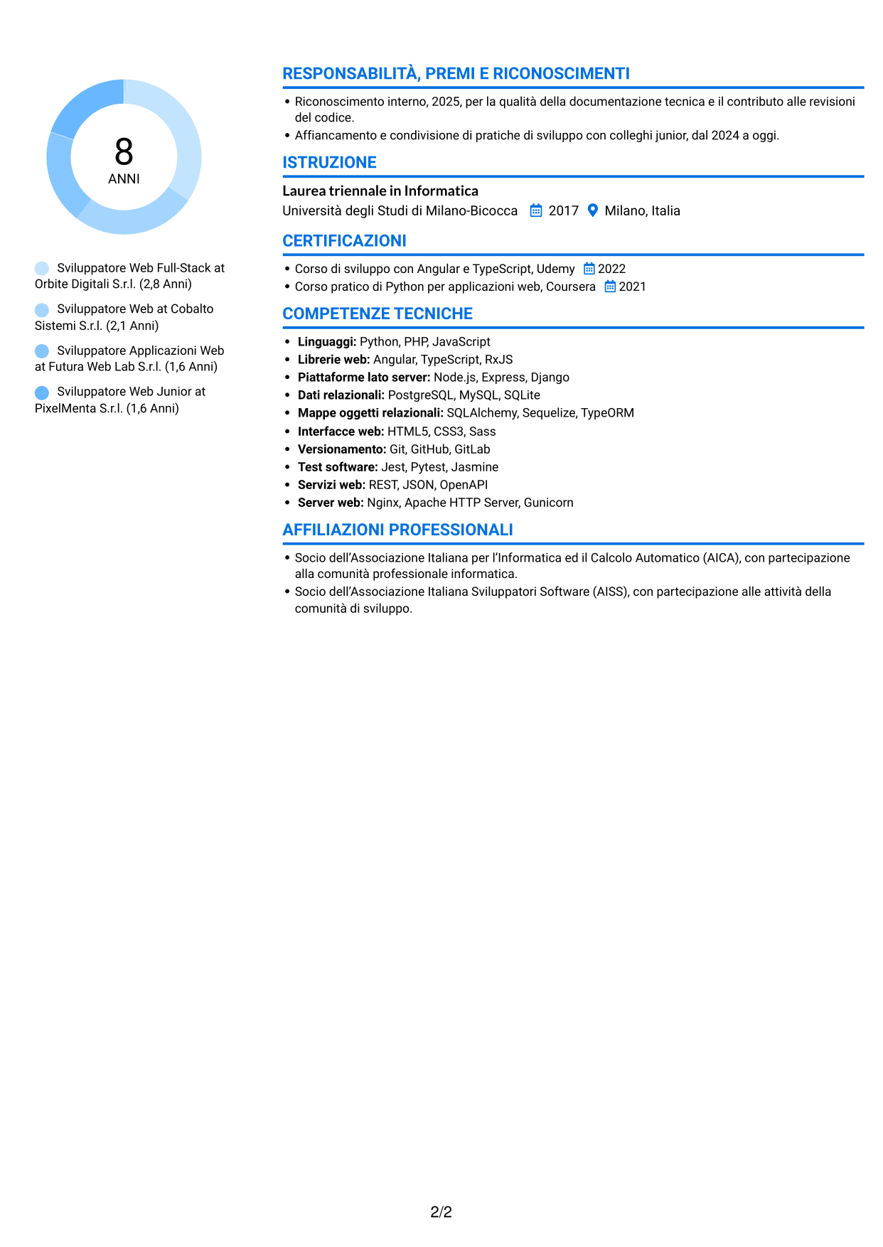 CV Audace (formato a due colonne con accenti colorati e foto): Sviluppatore Web Middle - Sviluppo Full-Stack, pagina 2