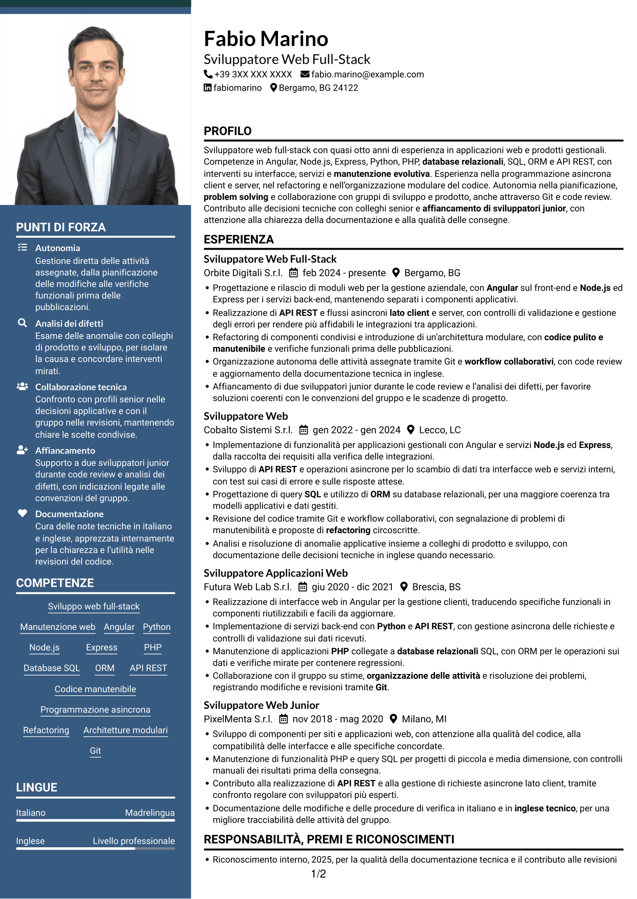 CV Signature (formato con colonna laterale colorata e foto grande): Sviluppatore Web Middle - Sviluppo Full-Stack, pagina 1