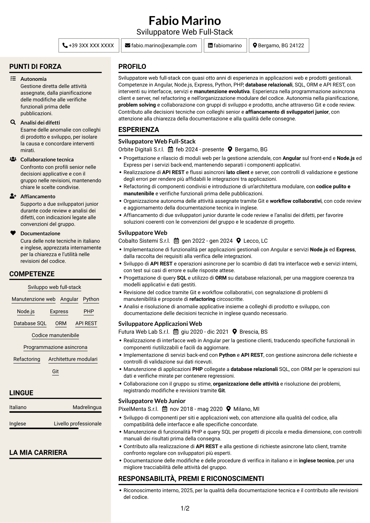 CV Intraprendente (formato a due colonne con intestazione centrata senza foto): Sviluppatore Web Middle - Sviluppo Full-Stack, pagina 1