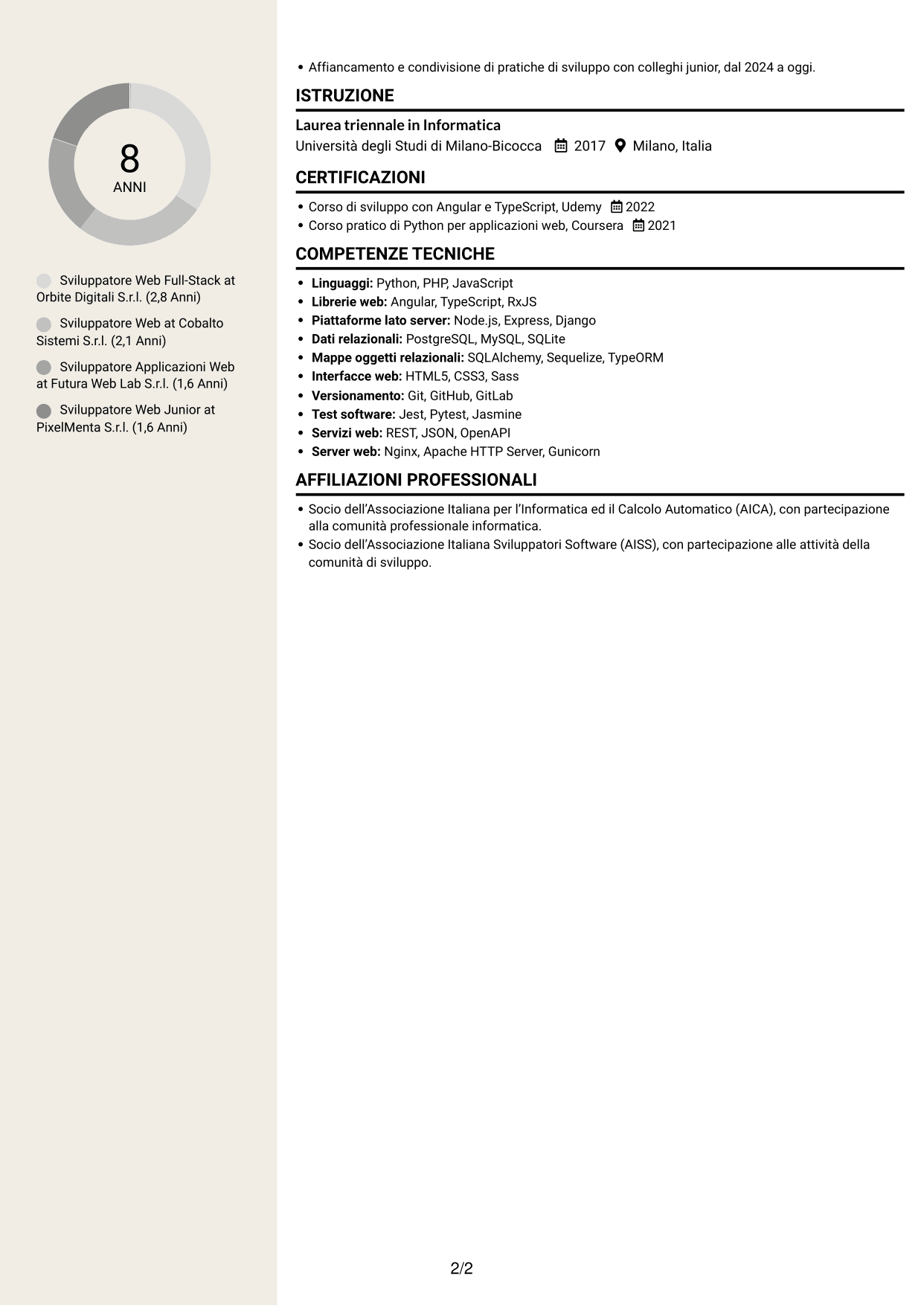 CV Intraprendente (formato a due colonne con intestazione centrata senza foto): Sviluppatore Web Middle - Sviluppo Full-Stack, pagina 2