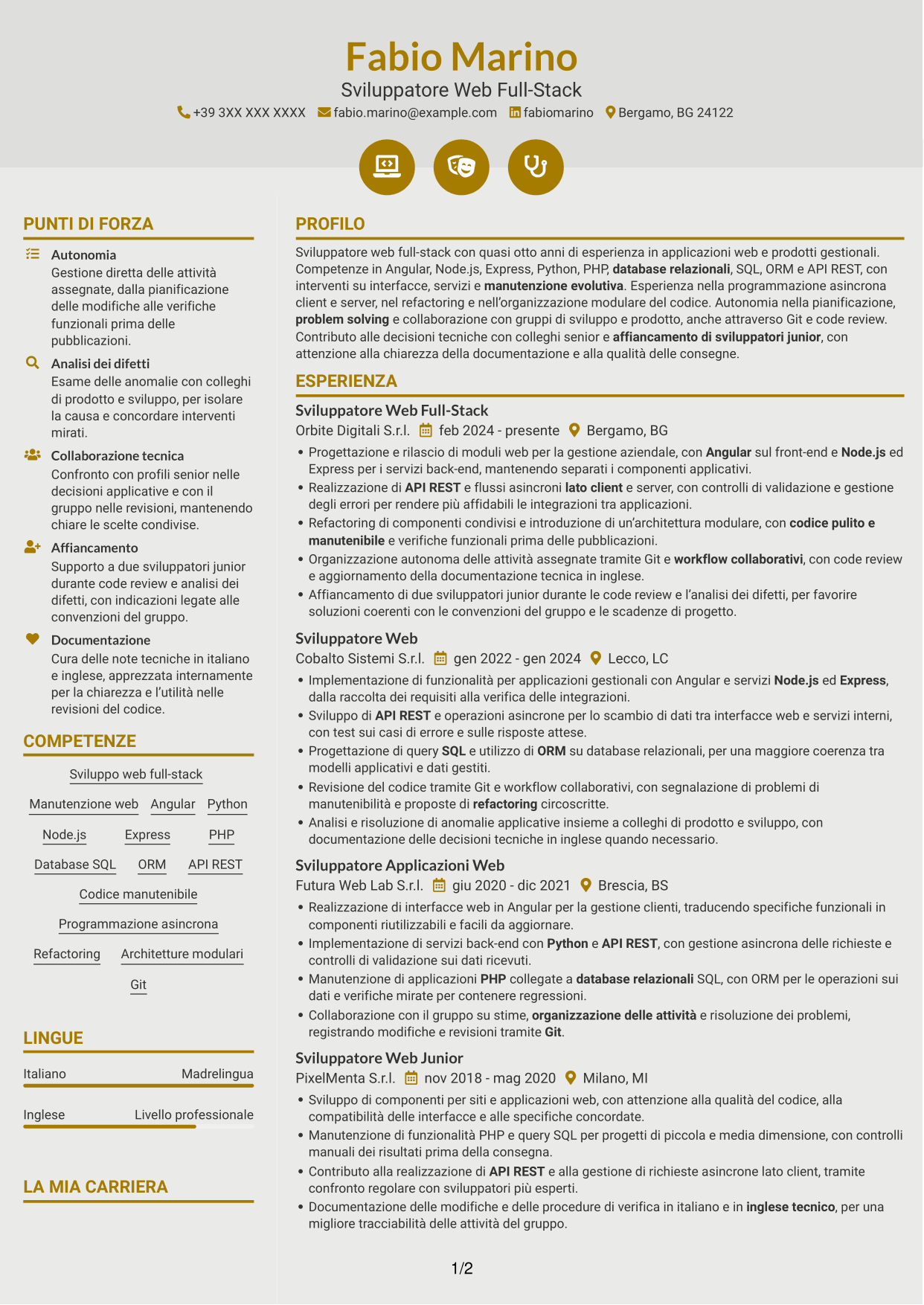 CV Dinamico (formato a due colonne con icone): Sviluppatore Web Middle - Sviluppo Full-Stack, pagina 1