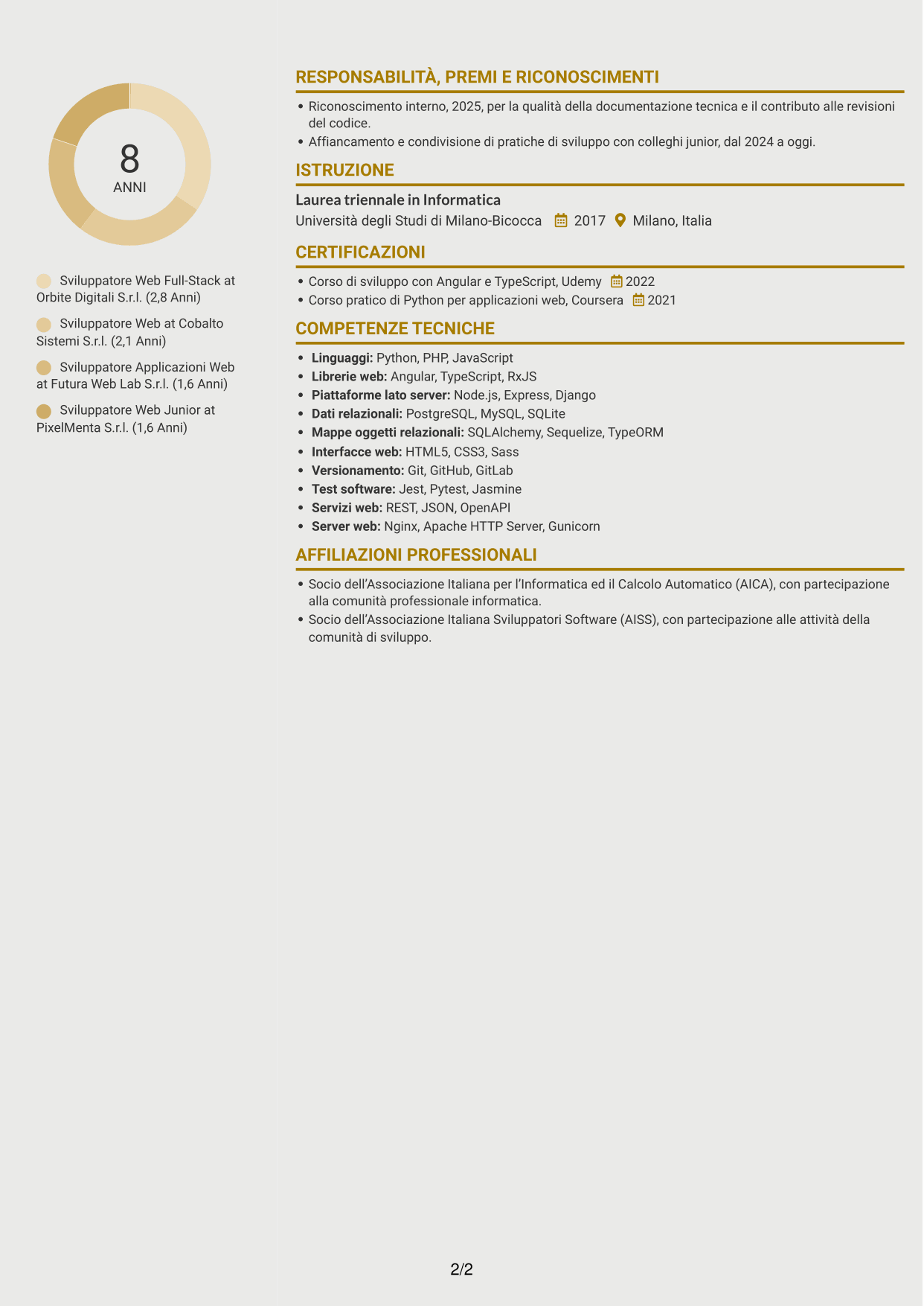 CV Dinamico (formato a due colonne con icone): Sviluppatore Web Middle - Sviluppo Full-Stack, pagina 2