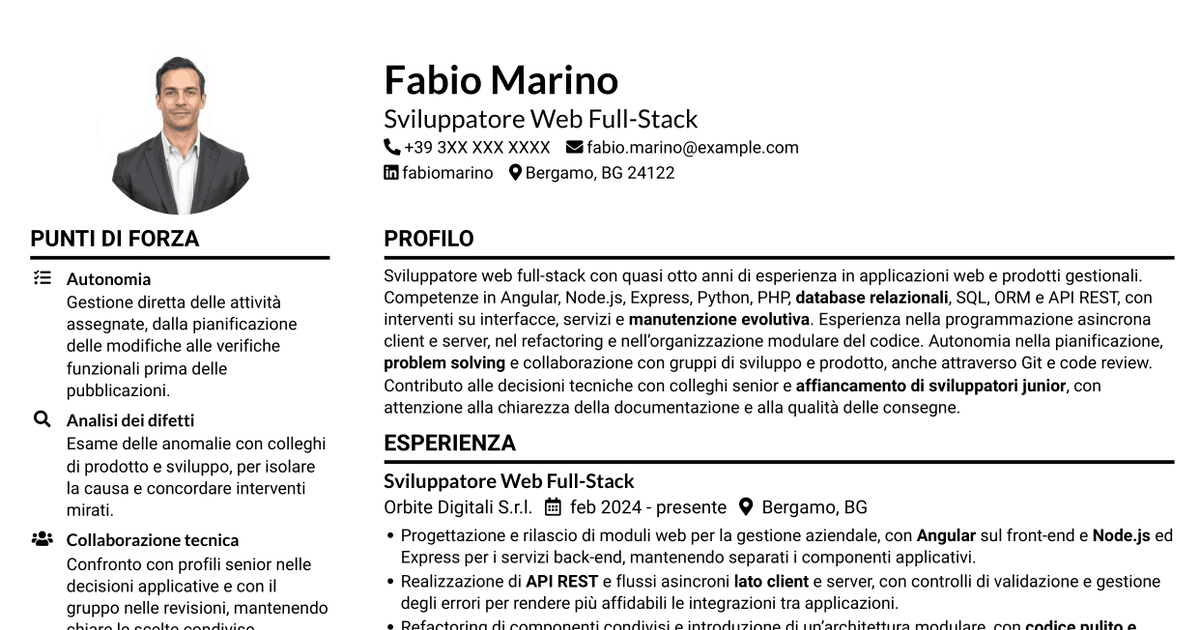 7 modelli di CV per Sviluppatore Web Middle - Sviluppo Full-Stack, con esempi