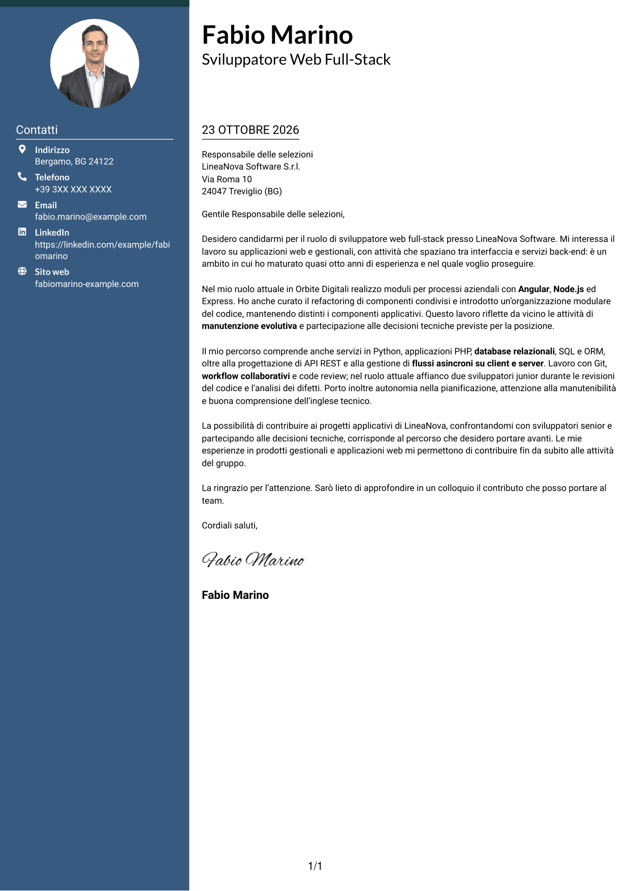 Lettera di presentazione Elegante (formato con colonna laterale colorata e foto): Sviluppatore Web Middle - Sviluppo Full-Stack, pagina 1