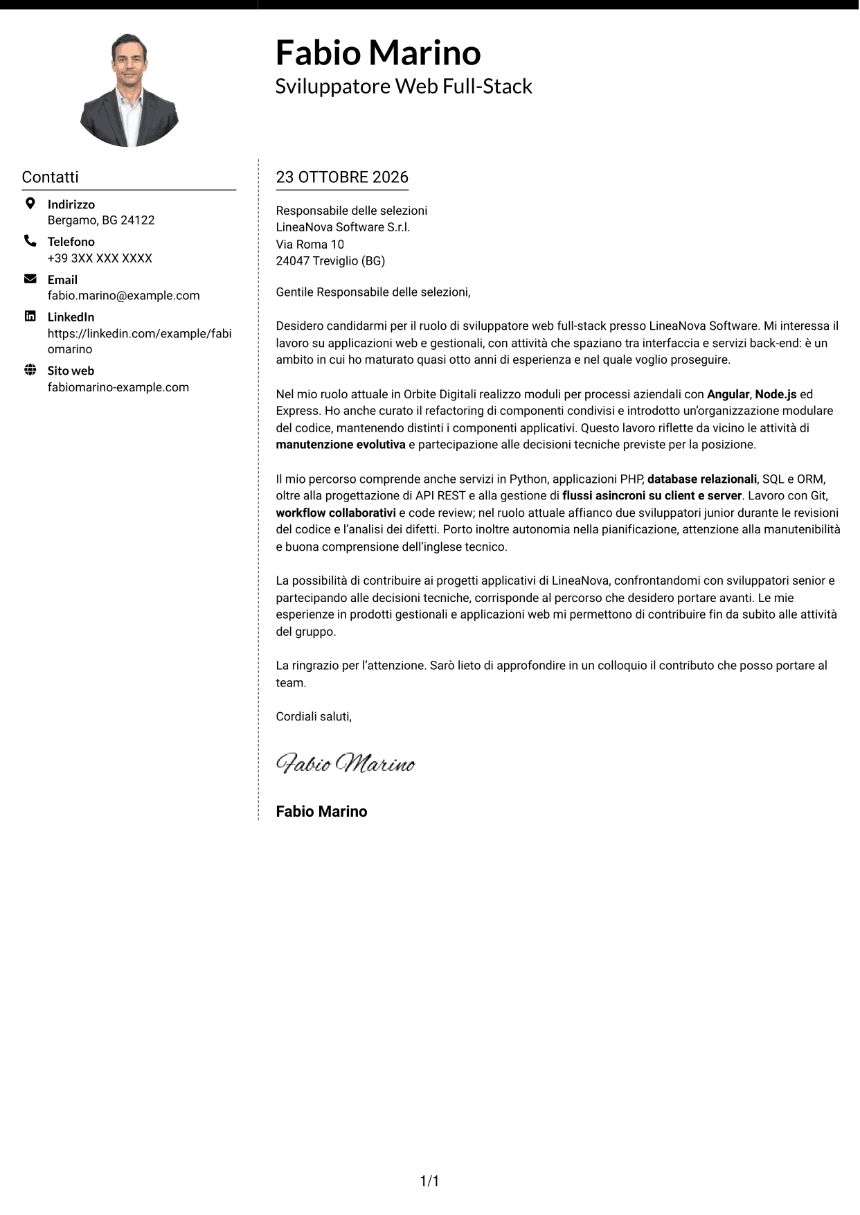 Lettera di presentazione Moderno (formato a due colonne con foto a sinistra e separatore): Sviluppatore Web Middle - Sviluppo Full-Stack, pagina 1
