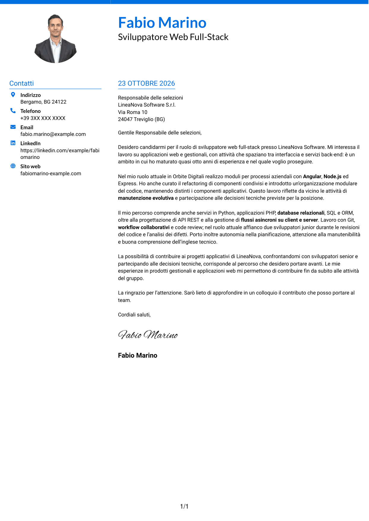 Lettera di presentazione Audace (formato a due colonne con accenti colorati e foto): Sviluppatore Web Middle - Sviluppo Full-Stack, pagina 1