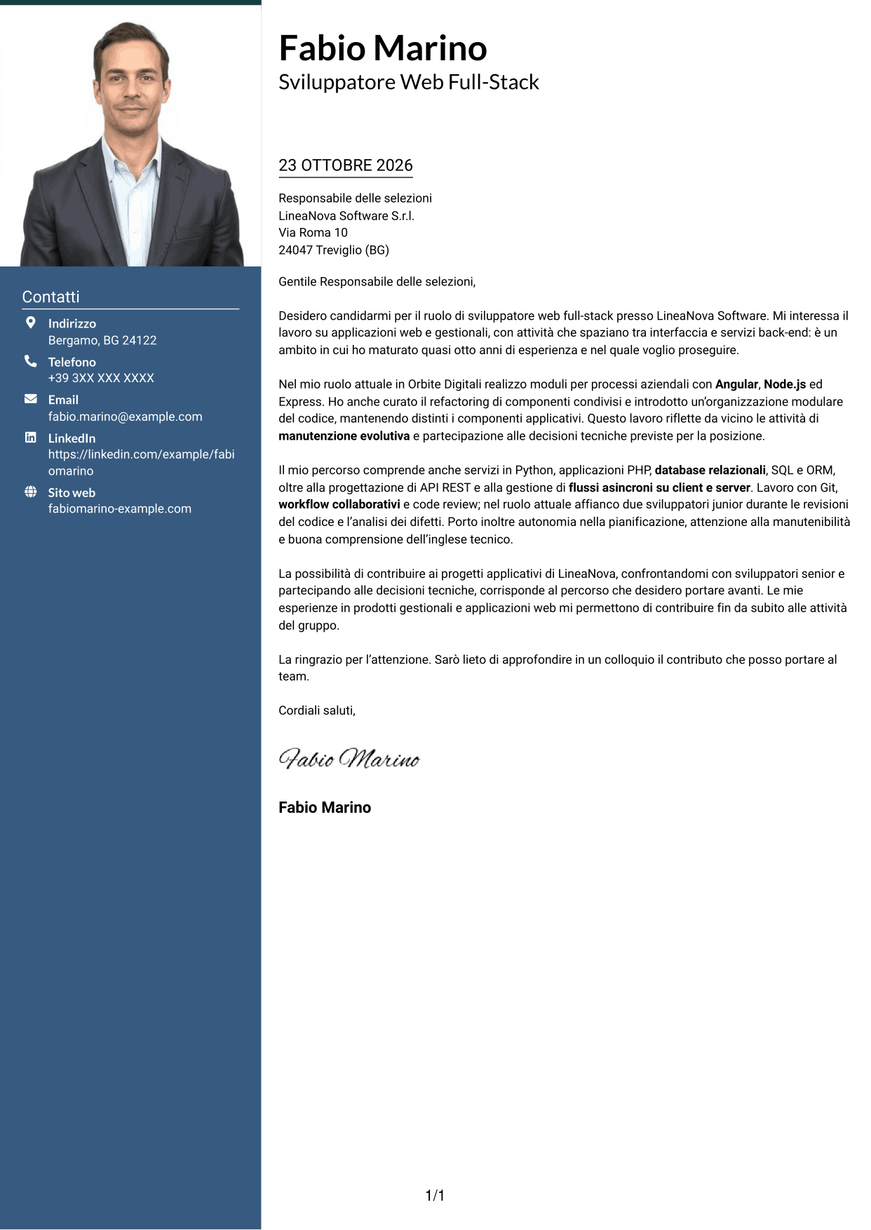 Lettera di presentazione Signature (formato con colonna laterale colorata e foto grande): Sviluppatore Web Middle - Sviluppo Full-Stack, pagina 1