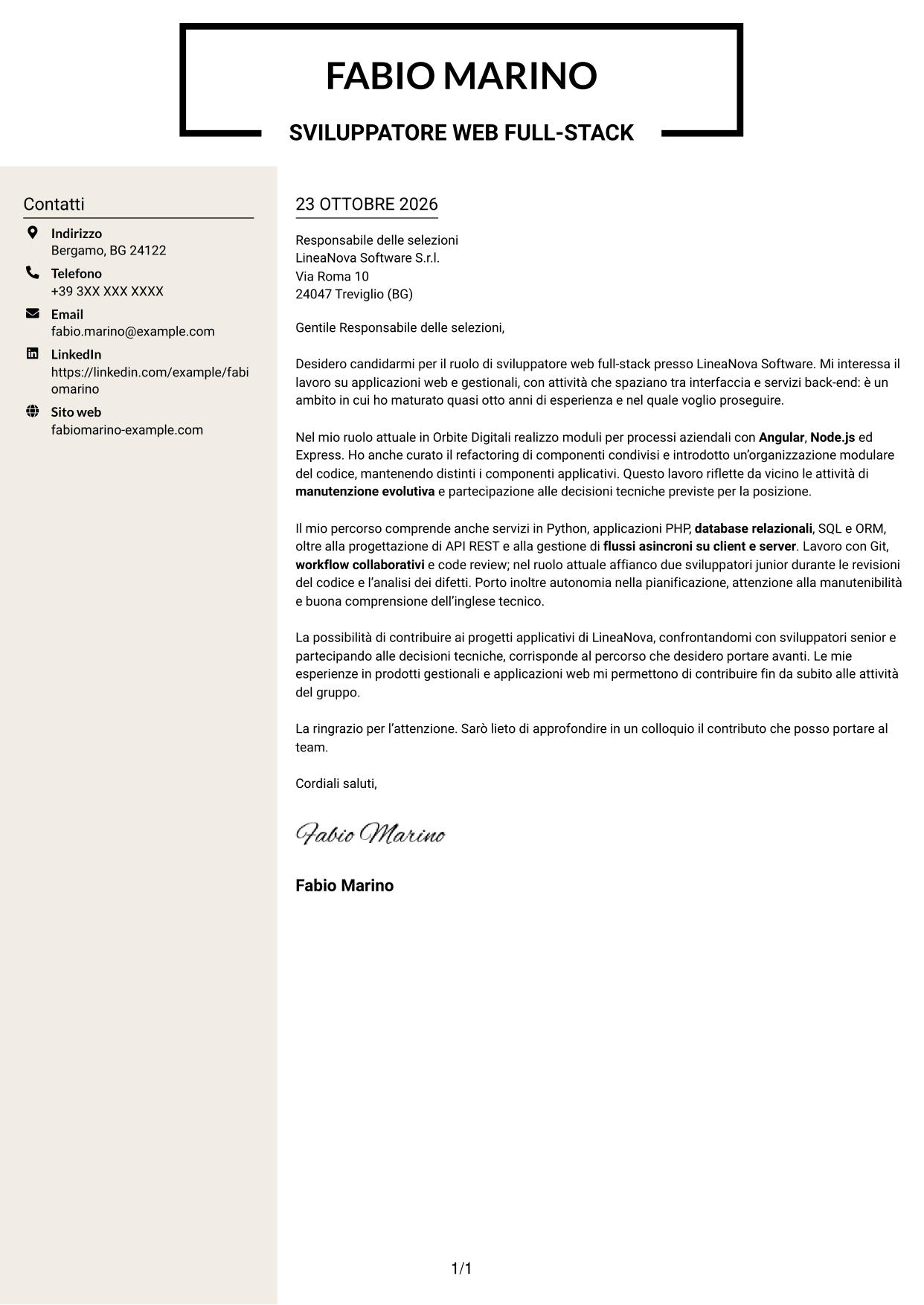 Lettera di presentazione Intraprendente (formato a due colonne con intestazione centrata senza foto): Sviluppatore Web Middle - Sviluppo Full-Stack, pagina 1