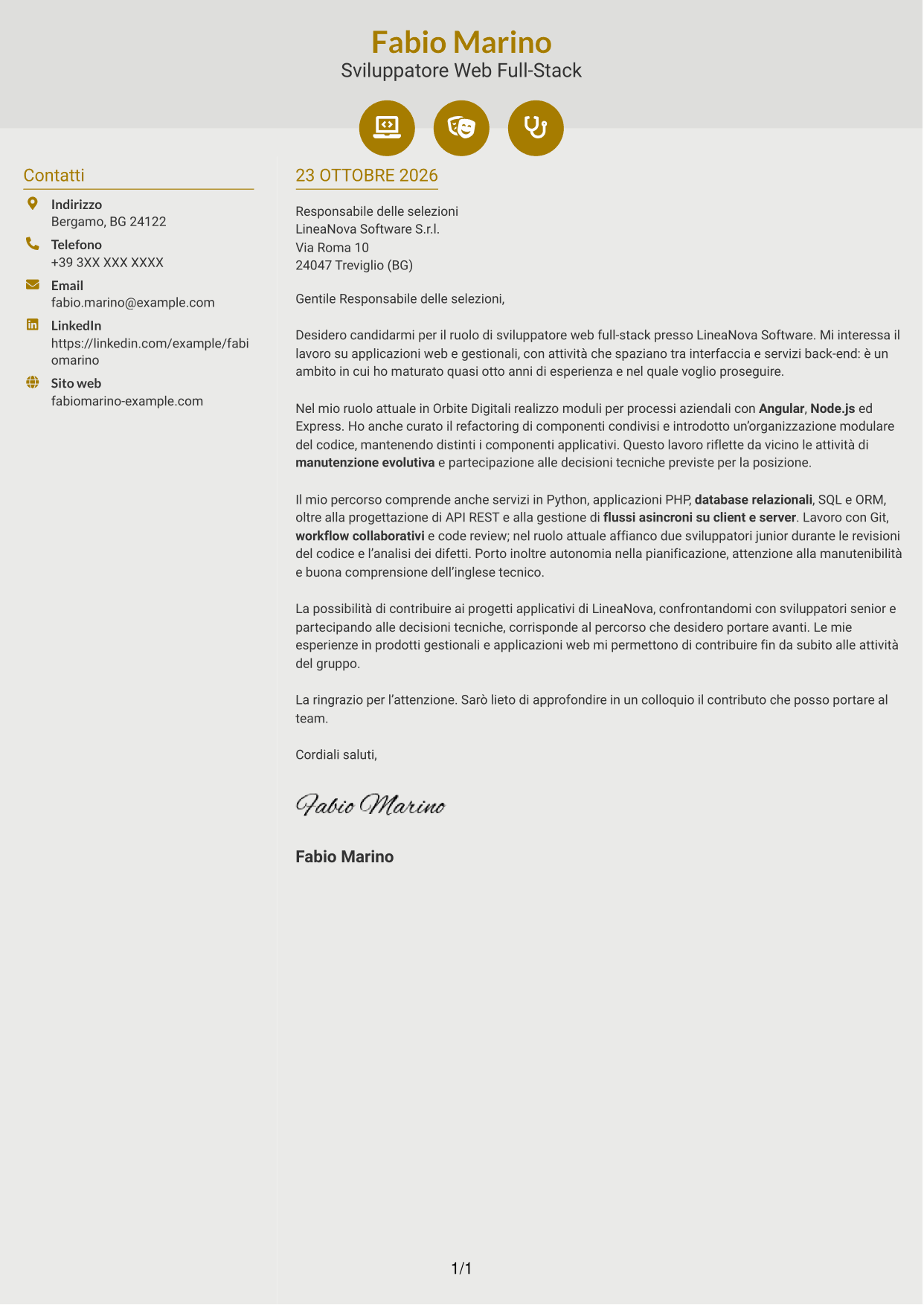 Lettera di presentazione Dinamico (formato a due colonne con icone): Sviluppatore Web Middle - Sviluppo Full-Stack, pagina 1