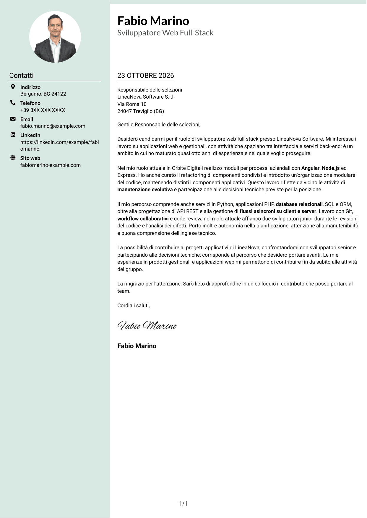 Lettera di presentazione Dirigente (formato con colonna laterale tenue e foto arrotondata): Sviluppatore Web Middle - Sviluppo Full-Stack, pagina 1