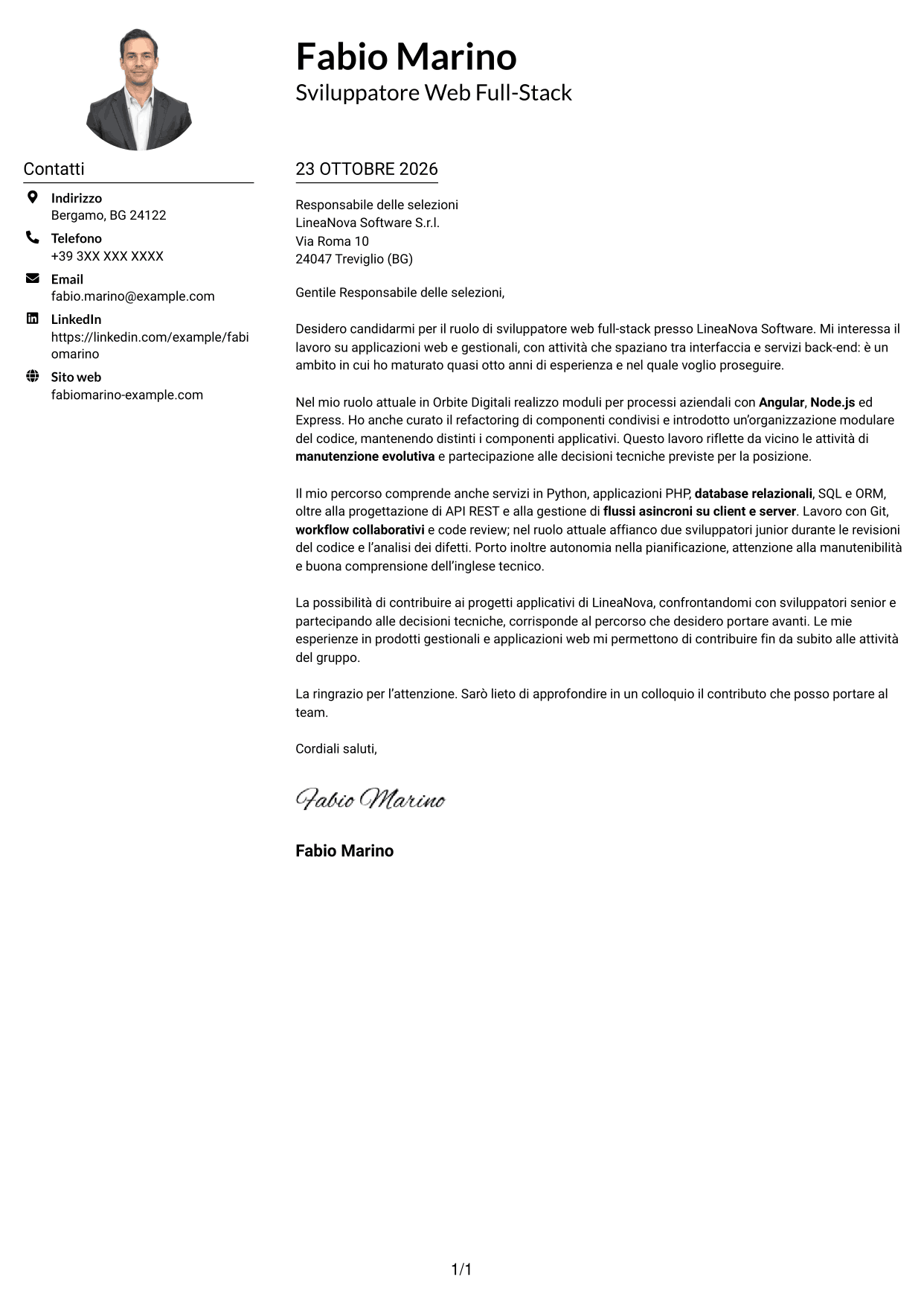 Esempio di lettera di presentazione — pagina 1