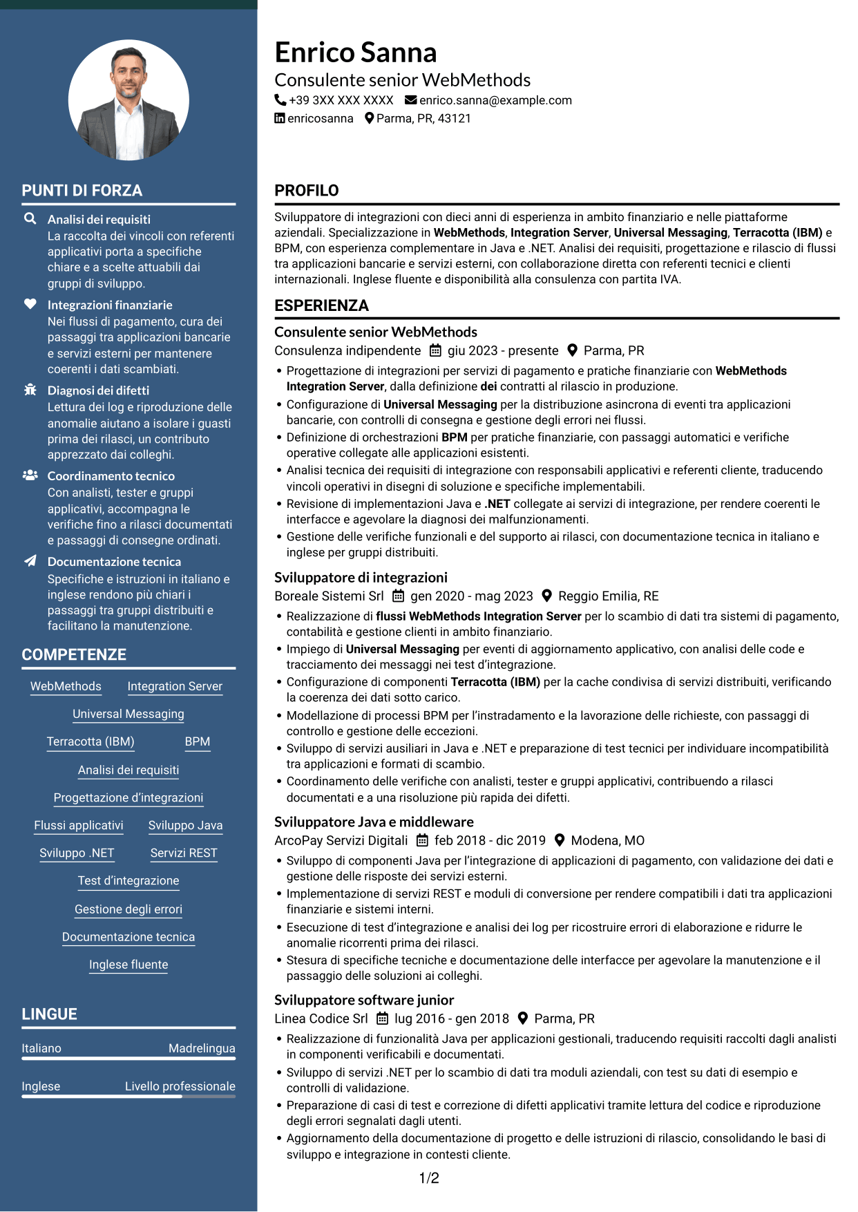 CV Elegante (formato con colonna laterale colorata e foto): Sviluppatore WebMethods, pagina 1