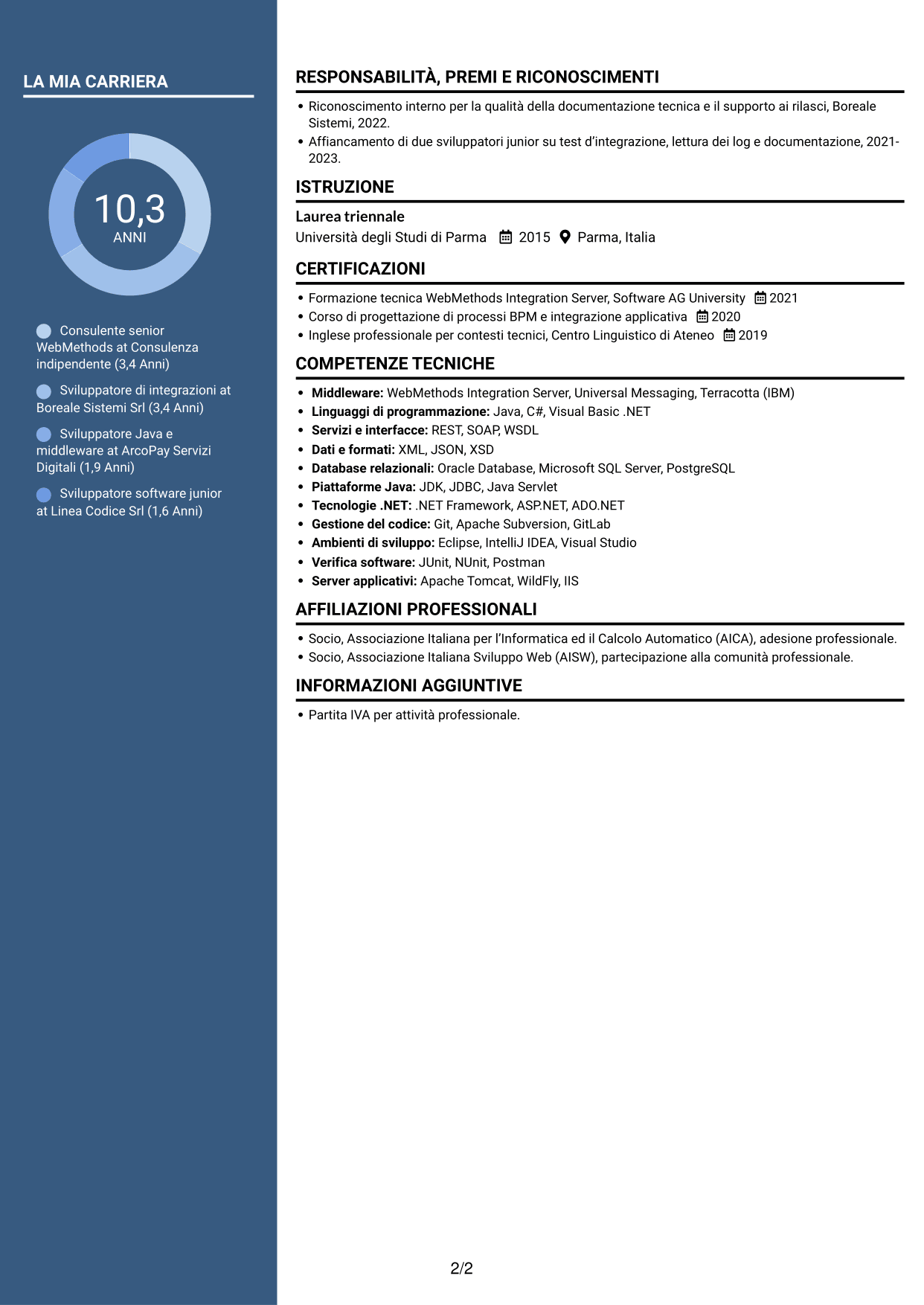 CV Elegante (formato con colonna laterale colorata e foto): Sviluppatore WebMethods, pagina 2