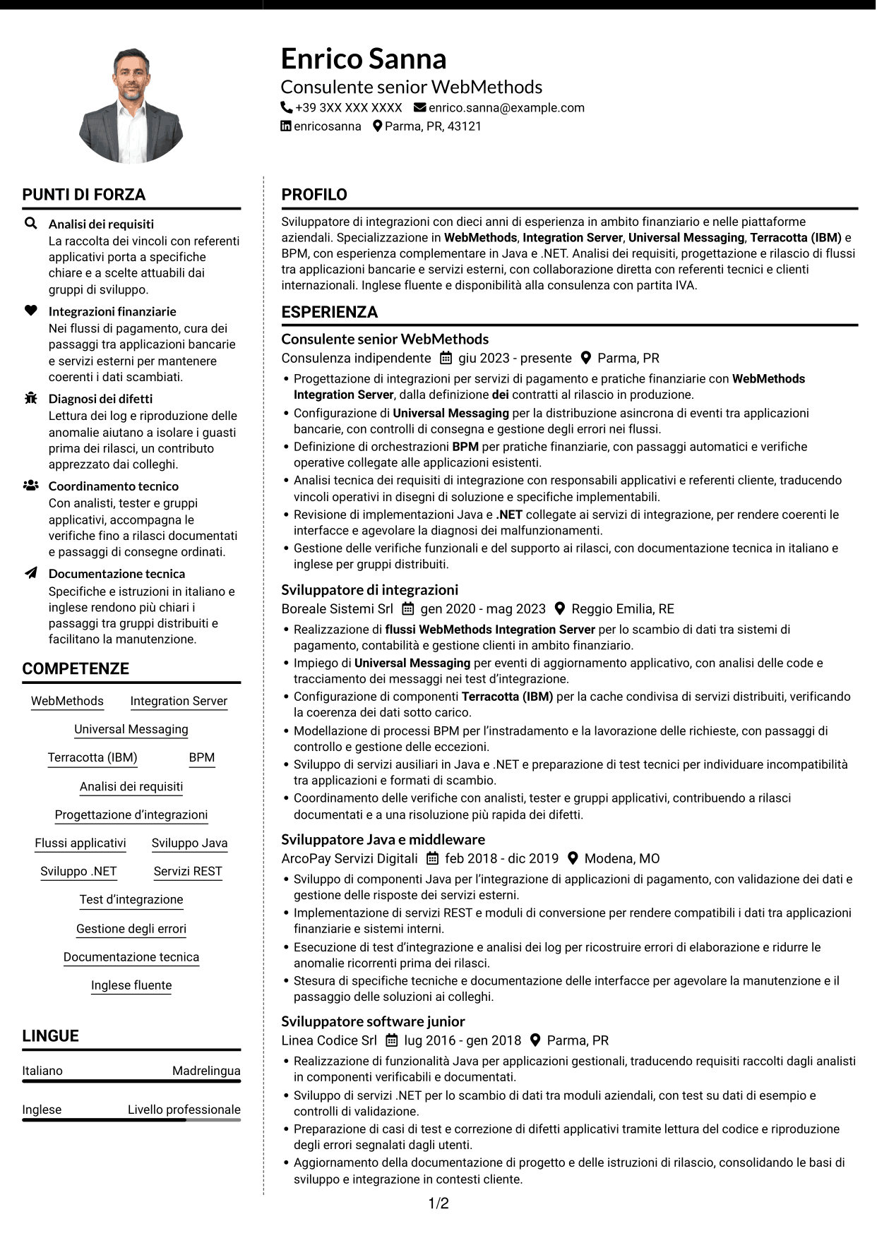 CV Moderno (formato a due colonne con foto a sinistra e separatore): Sviluppatore WebMethods, pagina 1