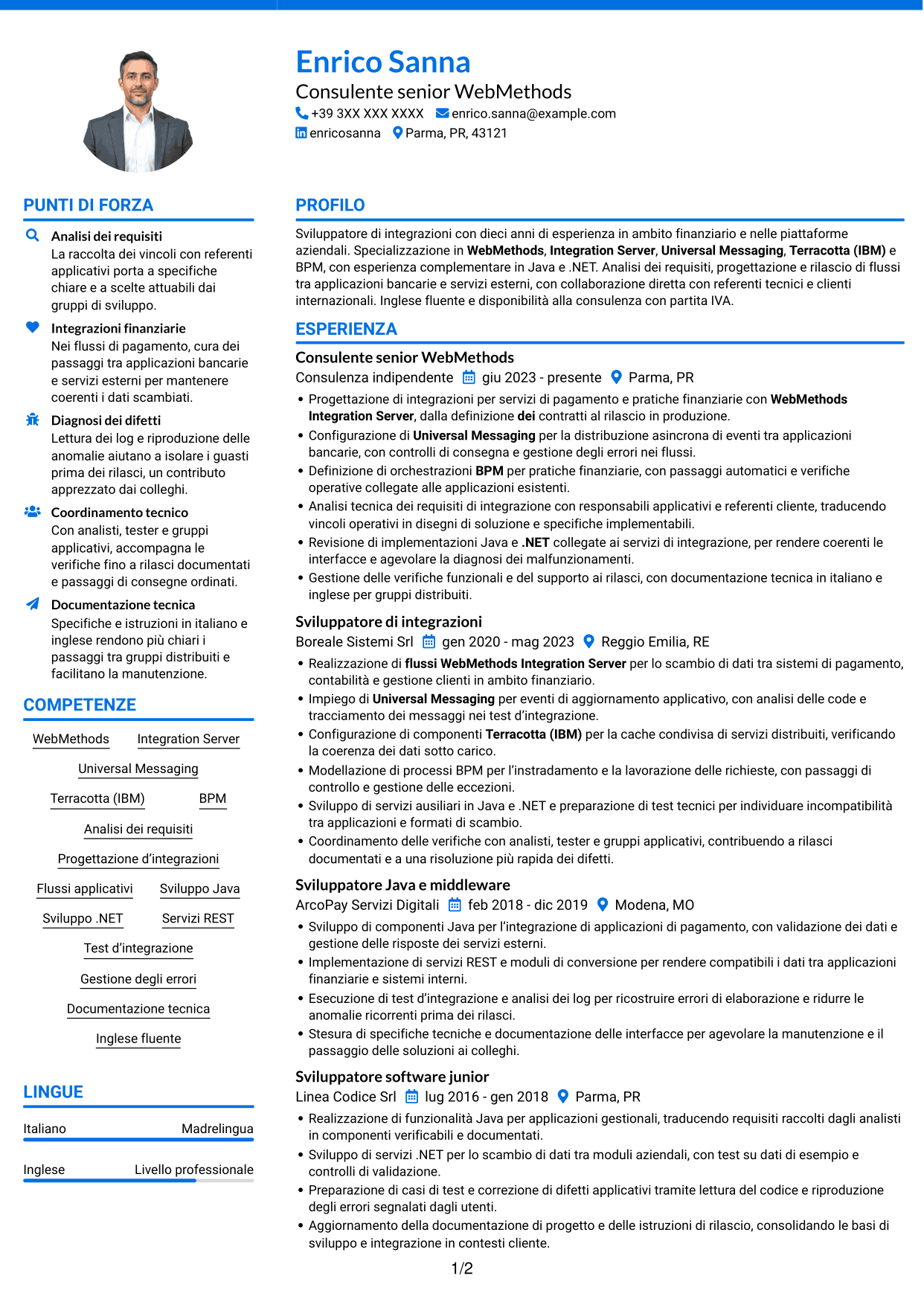 CV Audace (formato a due colonne con accenti colorati e foto): Sviluppatore WebMethods, pagina 1