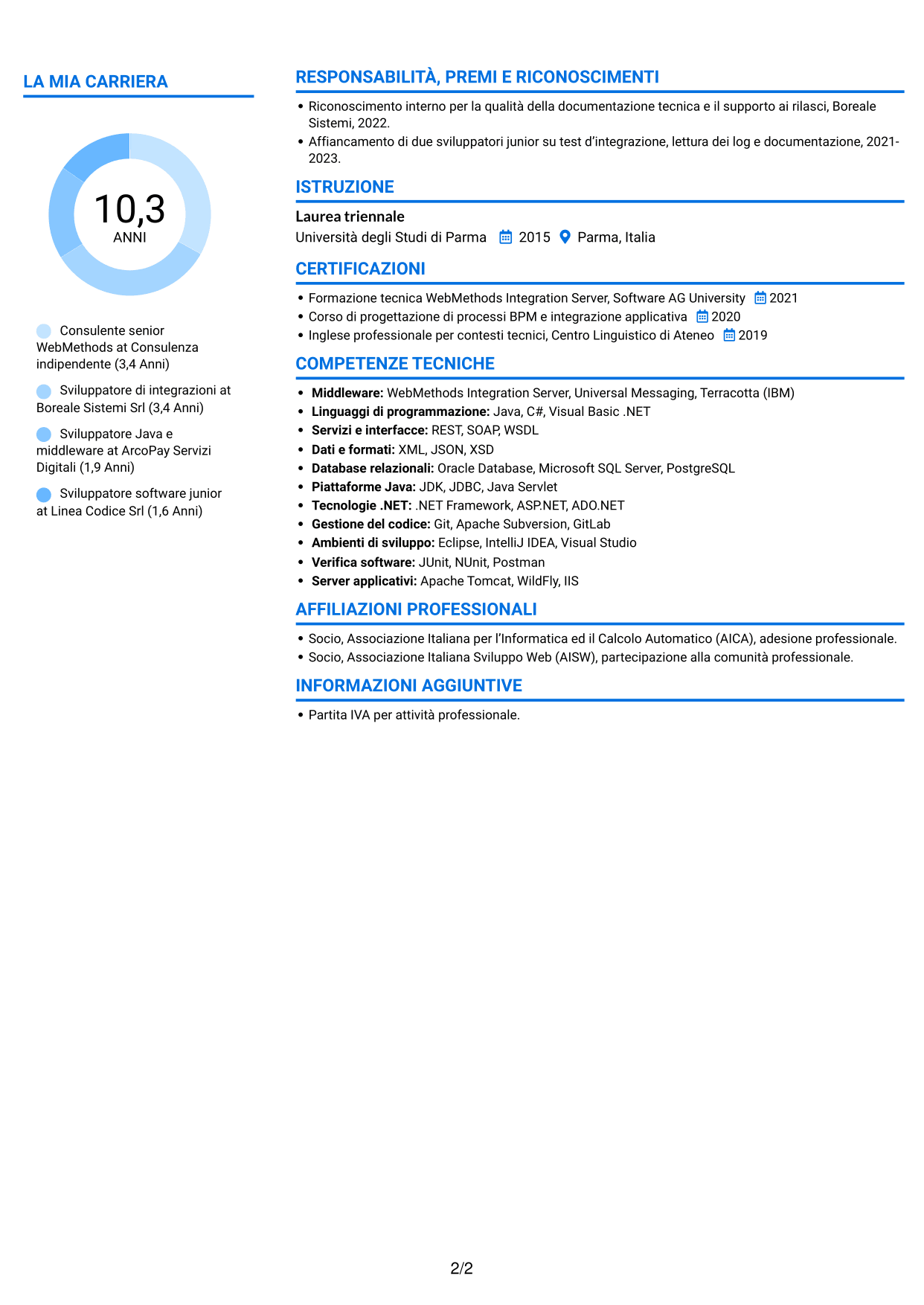 CV Audace (formato a due colonne con accenti colorati e foto): Sviluppatore WebMethods, pagina 2
