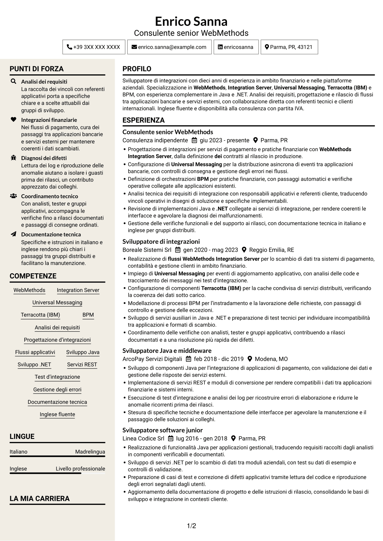 CV Intraprendente (formato a due colonne con intestazione centrata senza foto): Sviluppatore WebMethods, pagina 1