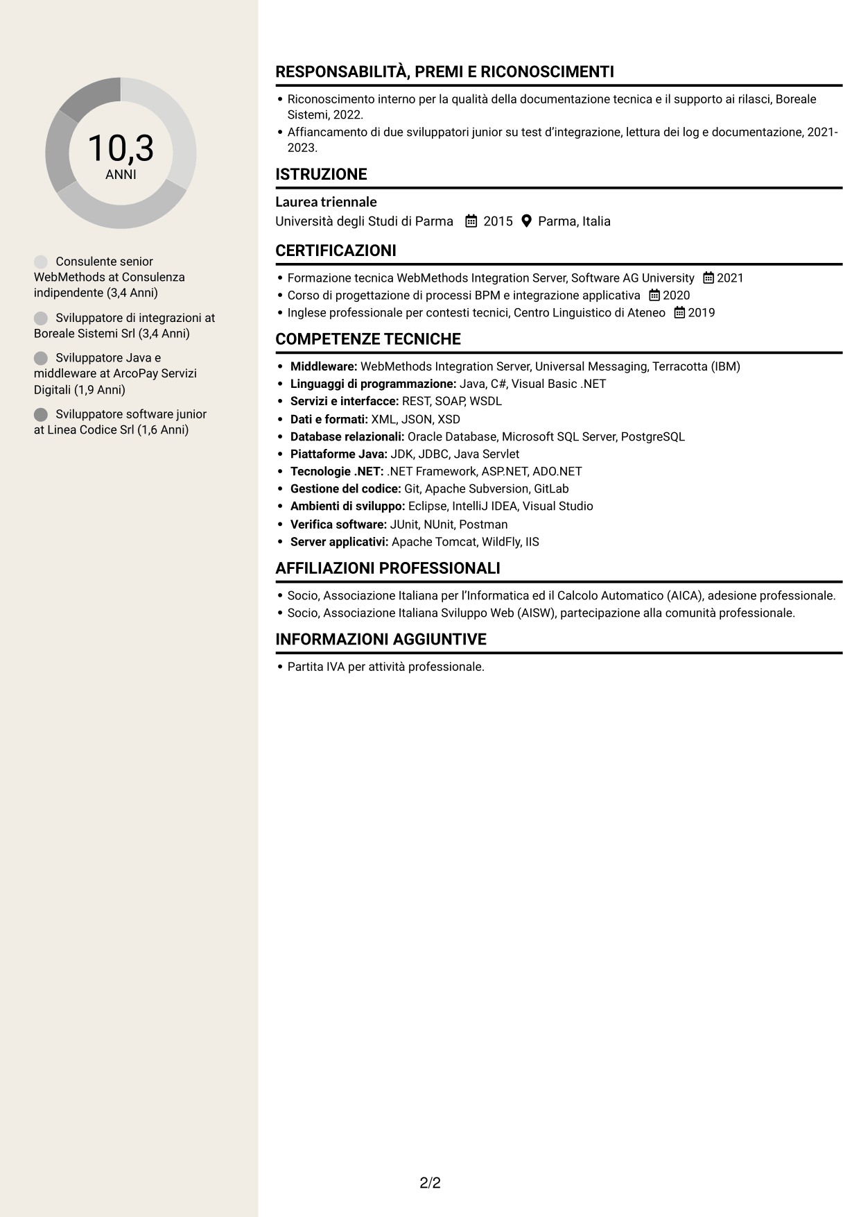 CV Intraprendente (formato a due colonne con intestazione centrata senza foto): Sviluppatore WebMethods, pagina 2