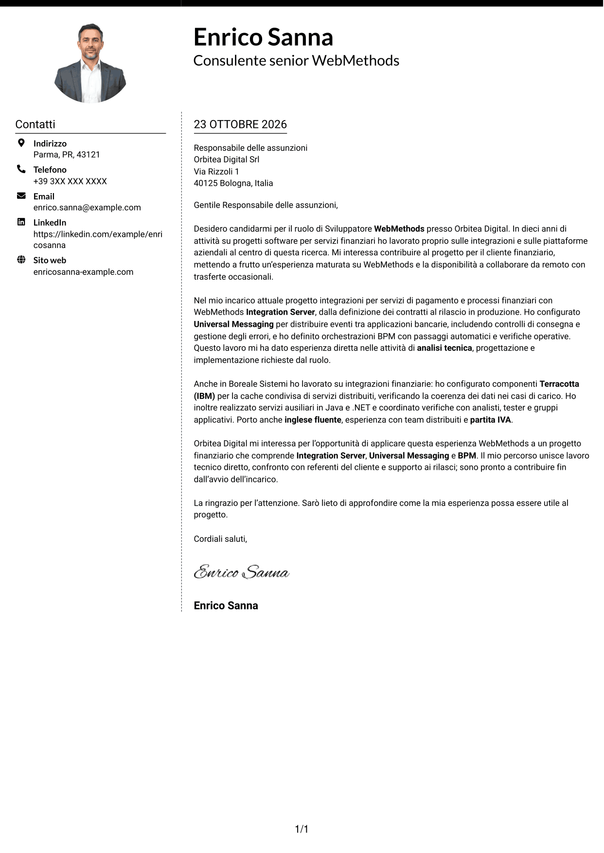 Lettera di presentazione Moderno (formato a due colonne con foto a sinistra e separatore): Sviluppatore WebMethods, pagina 1