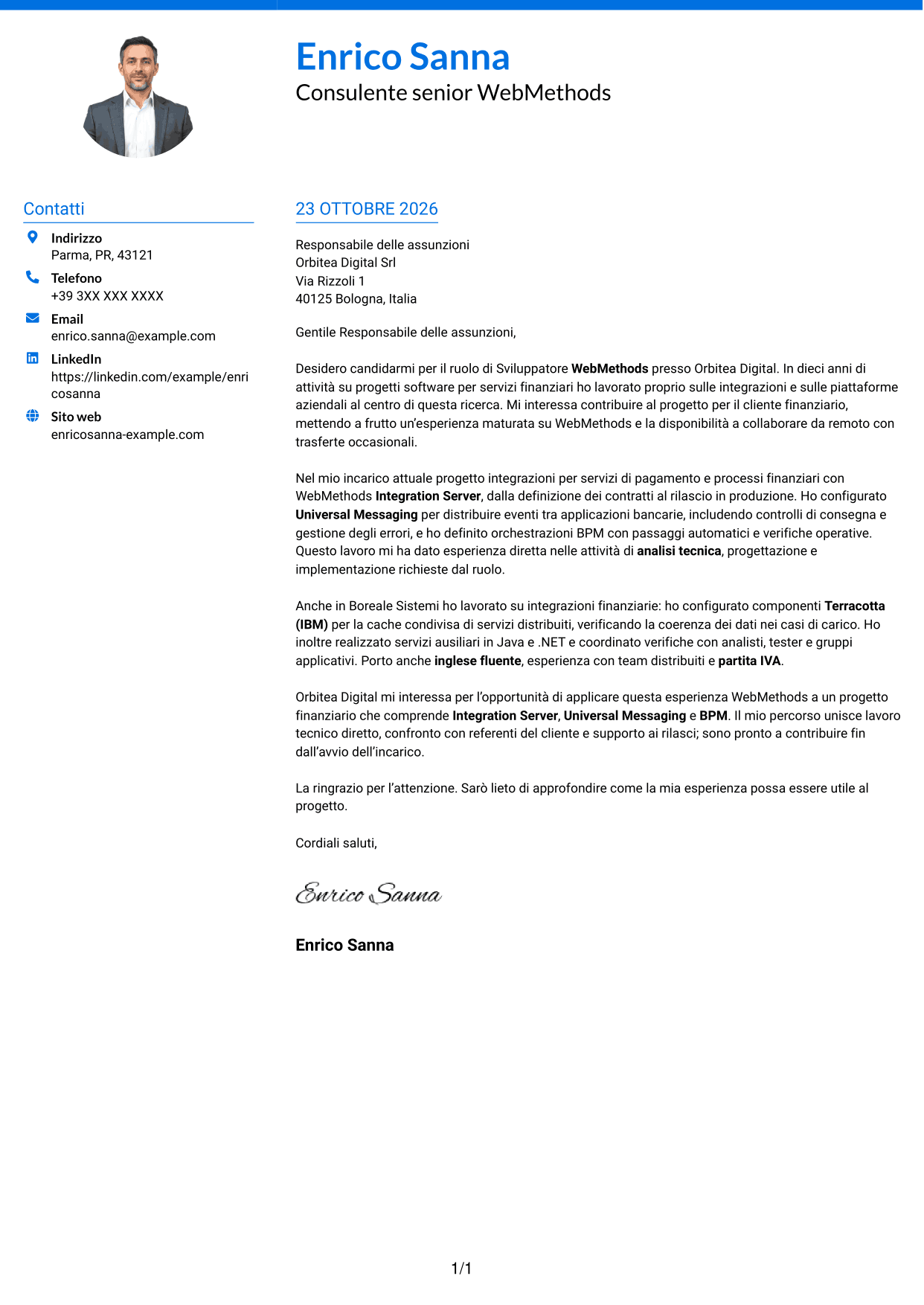 Lettera di presentazione Audace (formato a due colonne con accenti colorati e foto): Sviluppatore WebMethods, pagina 1