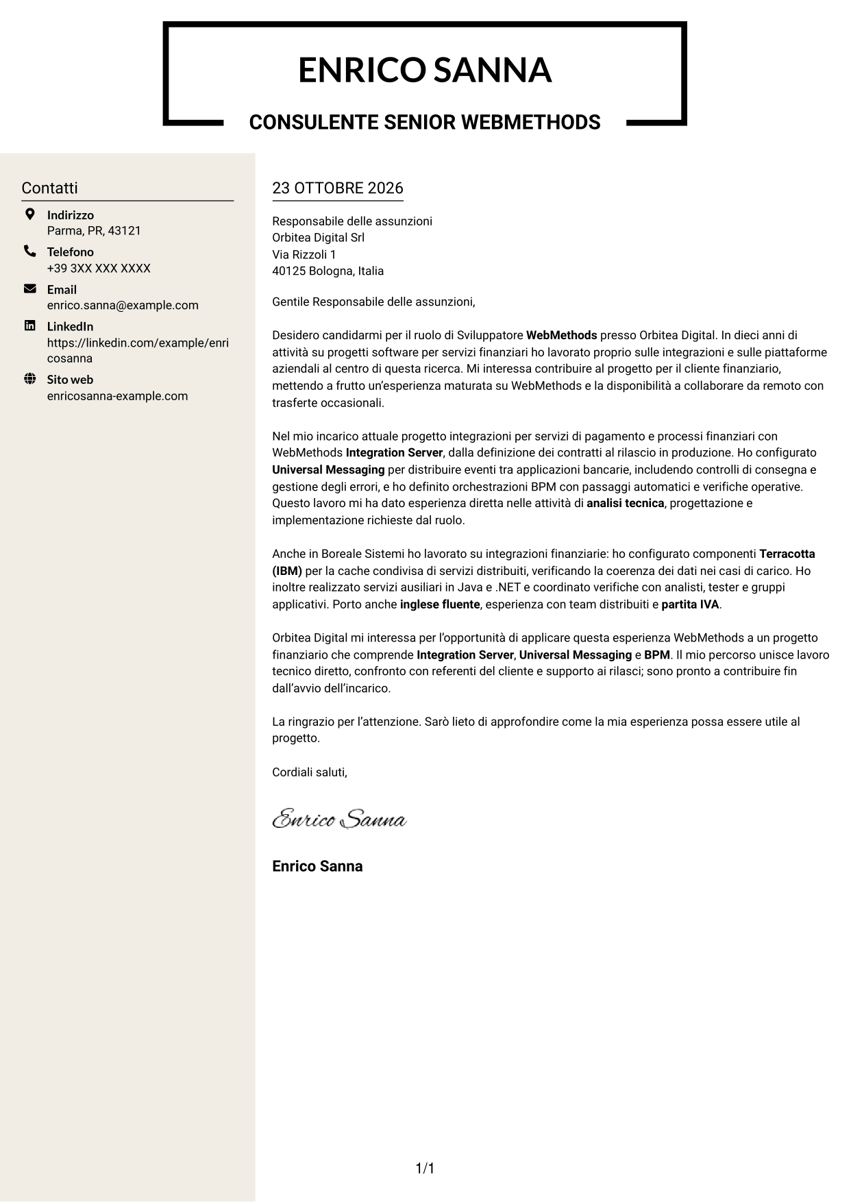 Lettera di presentazione Intraprendente (formato a due colonne con intestazione centrata senza foto): Sviluppatore WebMethods, pagina 1