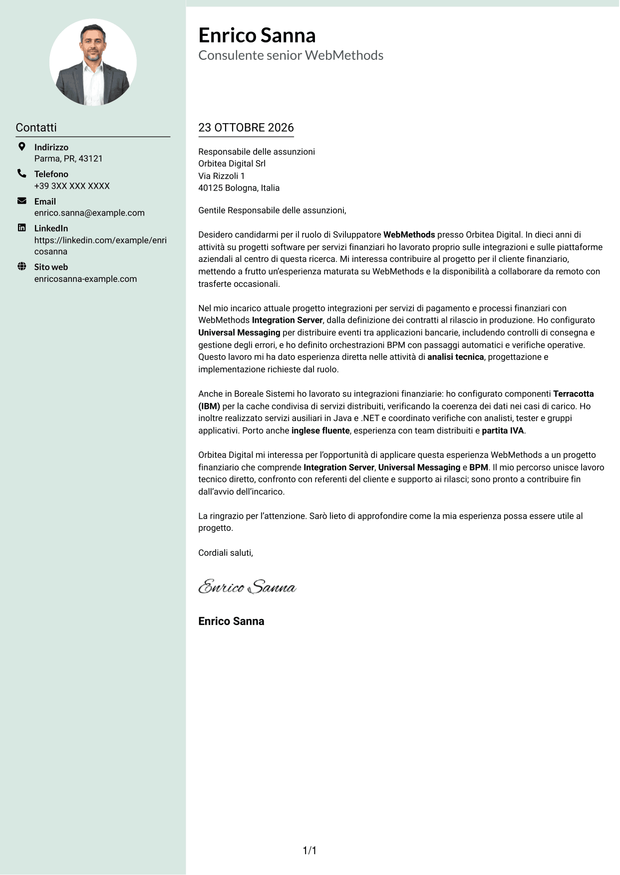 Lettera di presentazione Dirigente (formato con colonna laterale tenue e foto arrotondata): Sviluppatore WebMethods, pagina 1