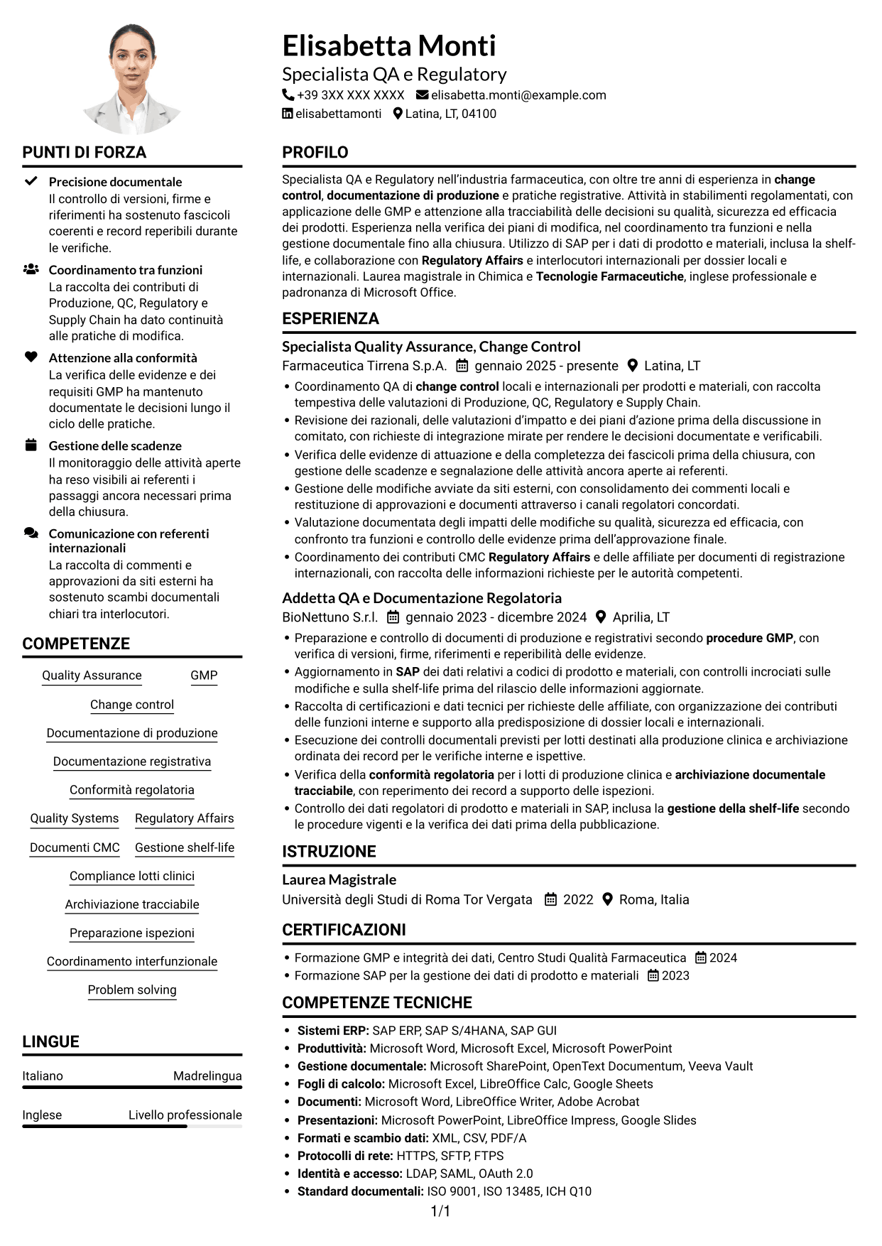Esempio di curriculum — pagina 1