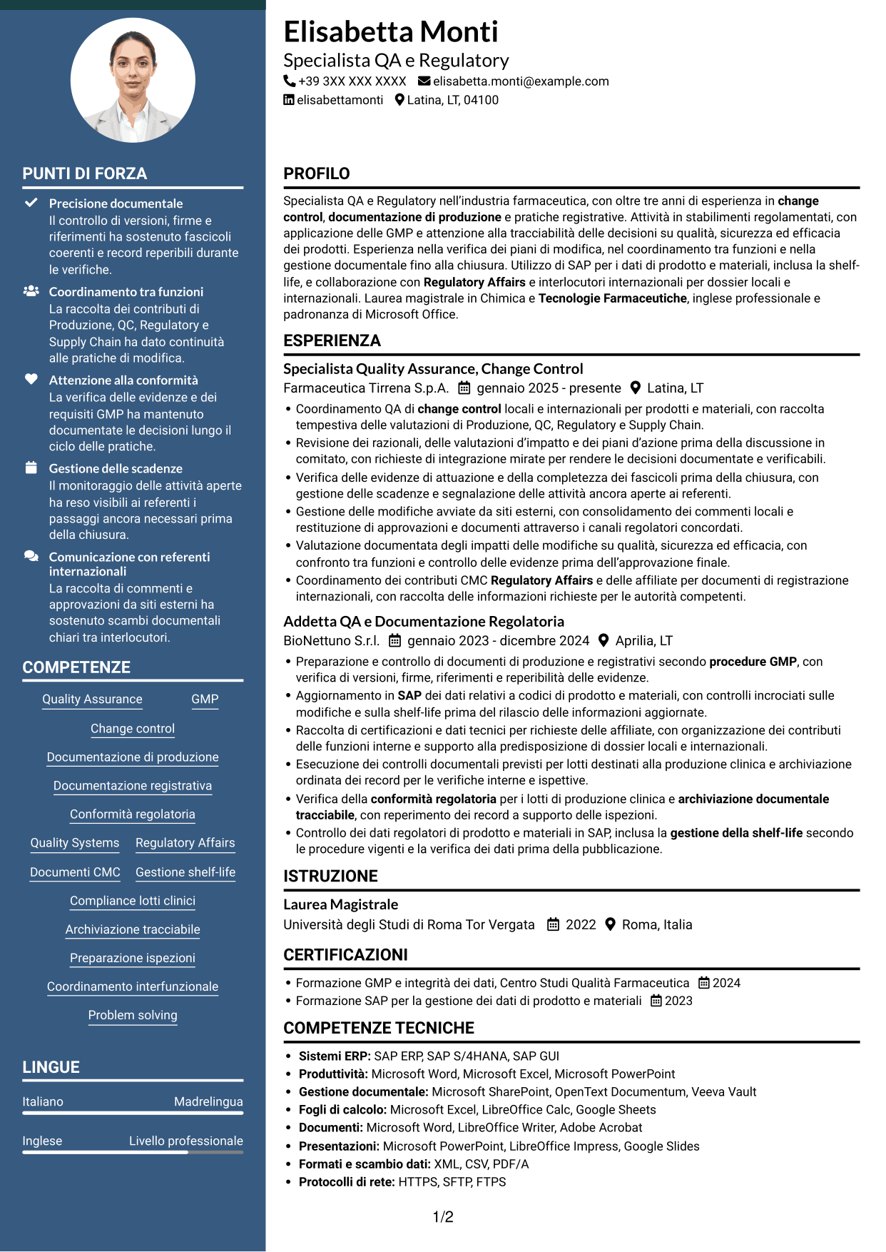 CV Elegante (formato con colonna laterale colorata e foto): Technical Regulatory Associate - Change Control e Documentazione Regolatoria, pagina 1