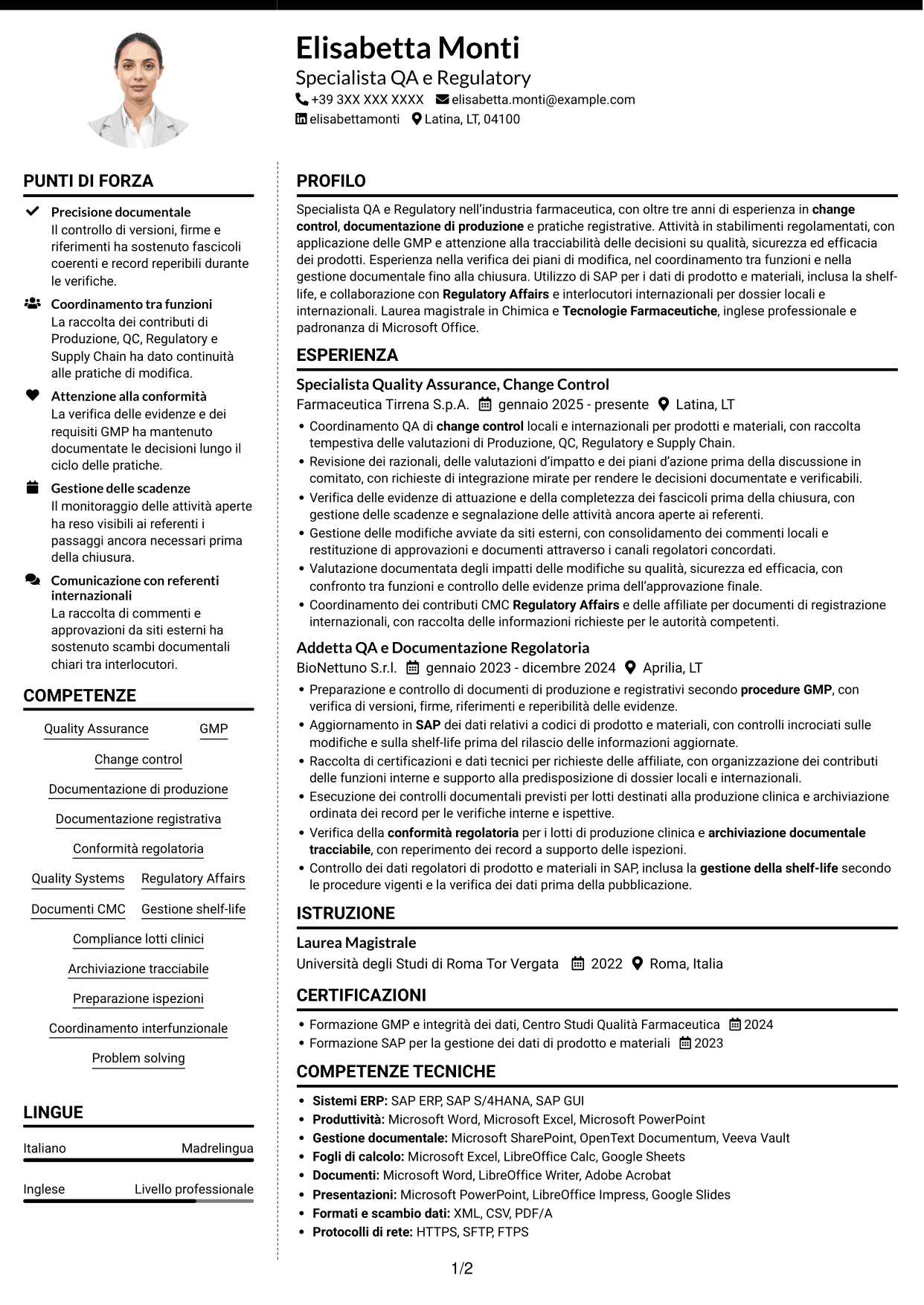 CV Moderno (formato a due colonne con foto a sinistra e separatore): Technical Regulatory Associate - Change Control e Documentazione Regolatoria, pagina 1