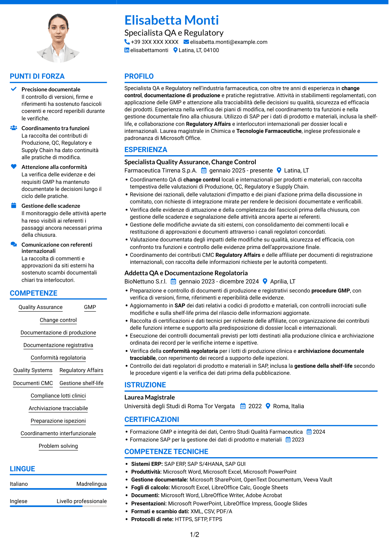 CV Audace (formato a due colonne con accenti colorati e foto): Technical Regulatory Associate - Change Control e Documentazione Regolatoria, pagina 1