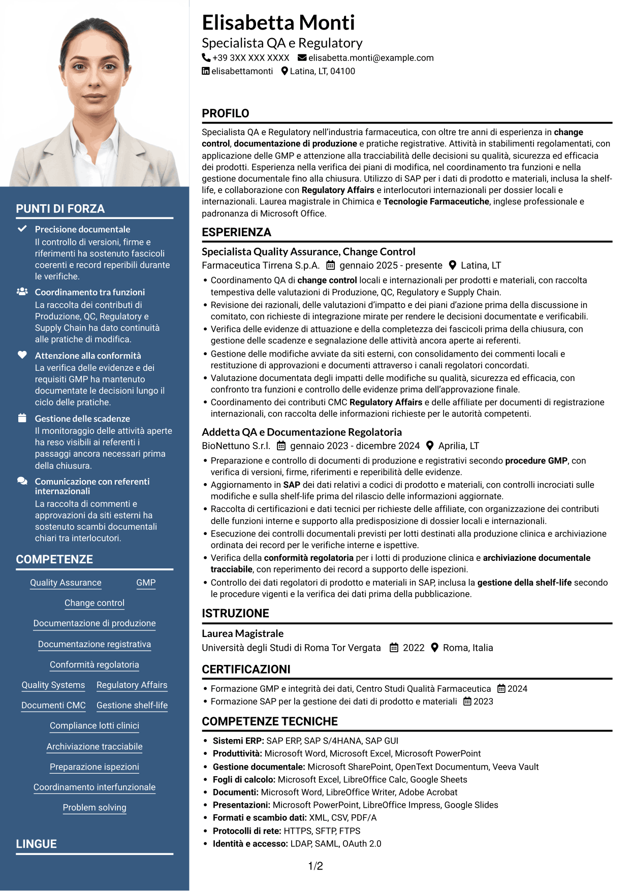 CV Signature (formato con colonna laterale colorata e foto grande): Technical Regulatory Associate - Change Control e Documentazione Regolatoria, pagina 1