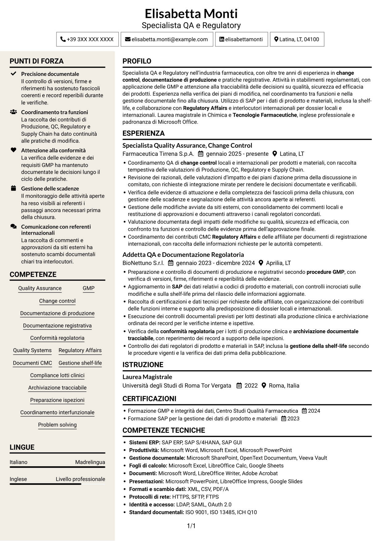 CV Intraprendente (formato a due colonne con intestazione centrata senza foto): Technical Regulatory Associate - Change Control e Documentazione Regolatoria, pagina 1