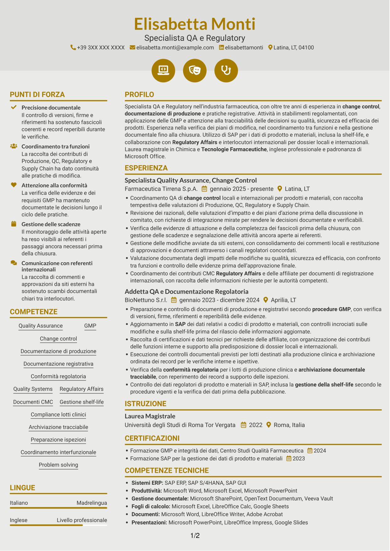 CV Dinamico (formato a due colonne con icone): Technical Regulatory Associate - Change Control e Documentazione Regolatoria, pagina 1