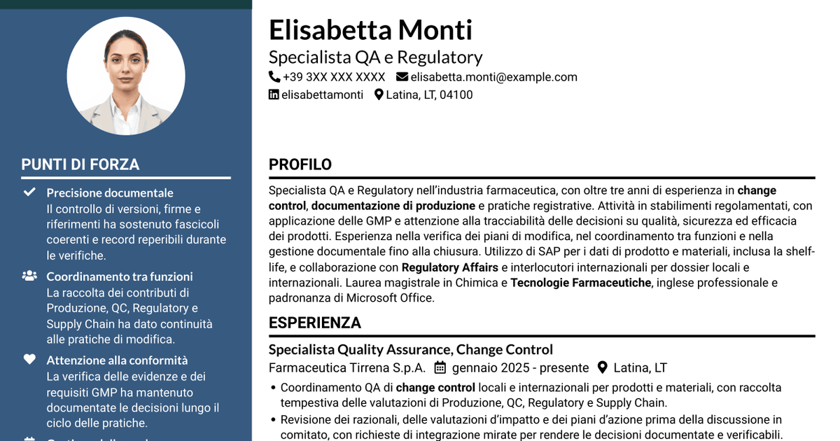 7 modelli di CV per Technical Regulatory Associate - Change Control e Documentazione Regolatoria, con esempi
